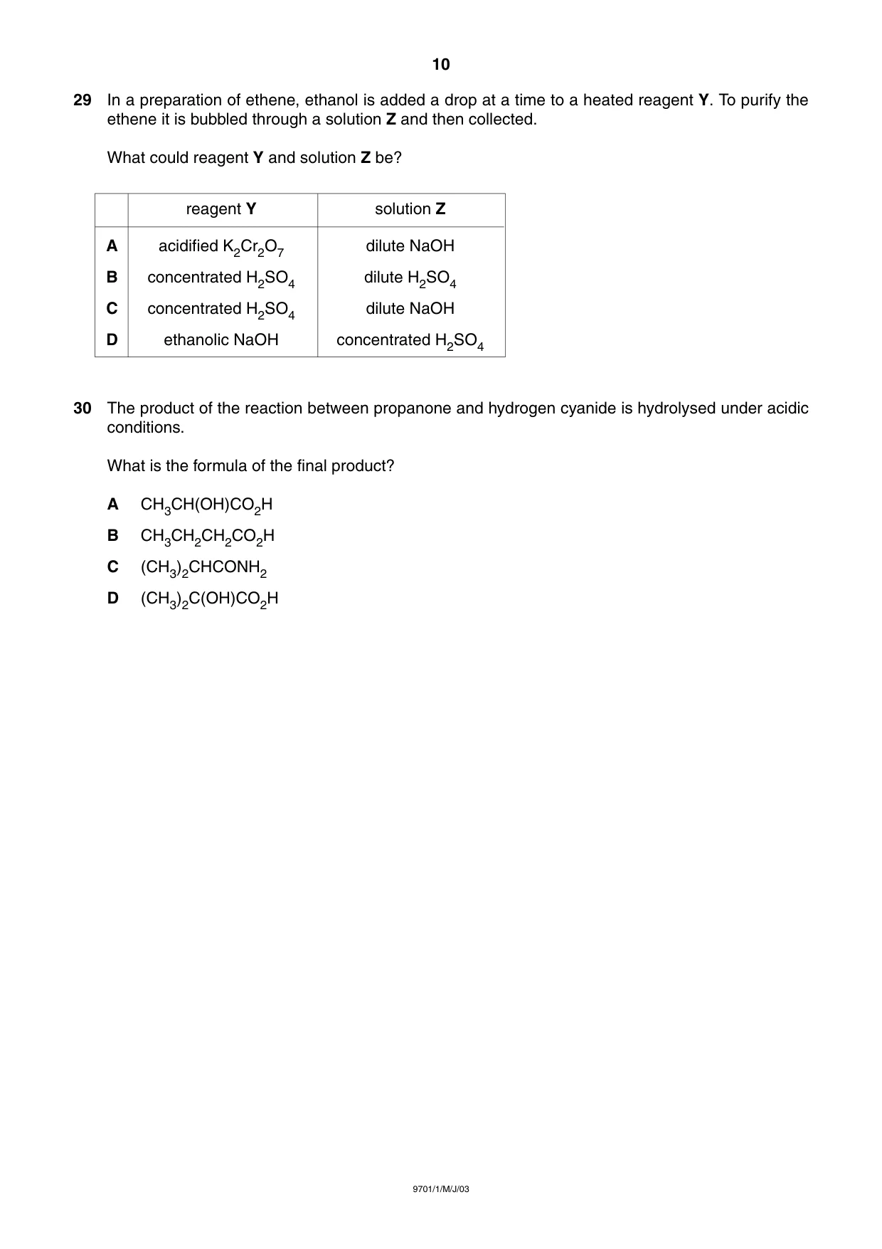Cambridge A Level Chemistry 9701 2003 May/June Paper 1 · Variant 1 question paper, page 10 of 16