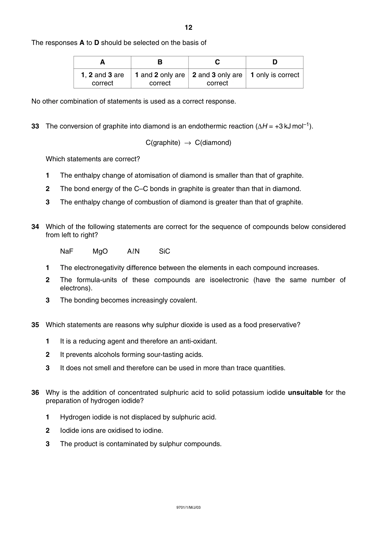 Cambridge A Level Chemistry 9701 2003 May/June Paper 1 · Variant 1 question paper, page 12 of 16