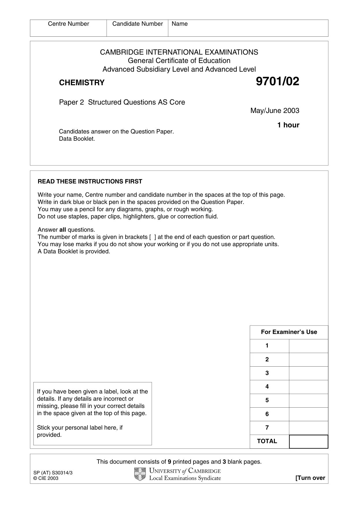 Cambridge A Level Chemistry 9701 2003 May/June Paper 2 · Variant 1 question paper, page 1 of 12