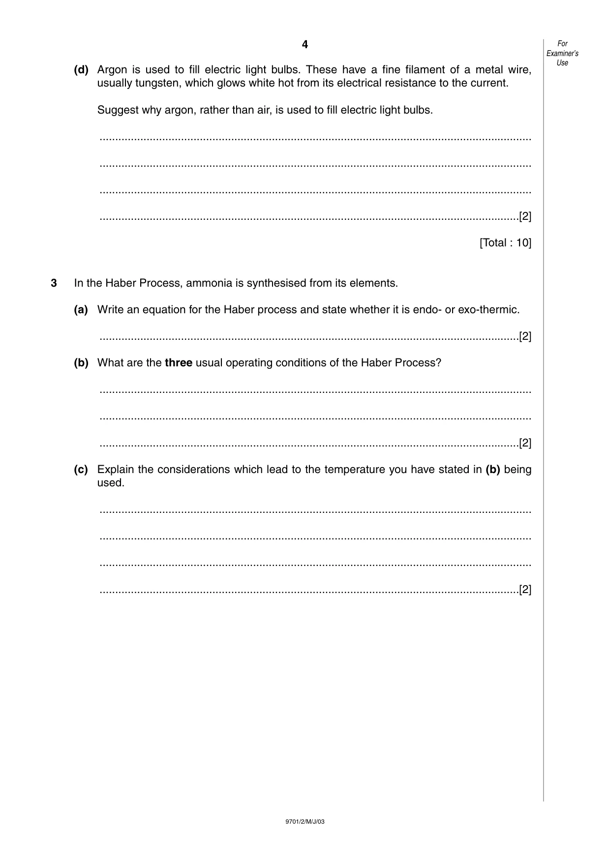 Cambridge A Level Chemistry 9701 2003 May/June Paper 2 · Variant 1 question paper, page 4 of 12