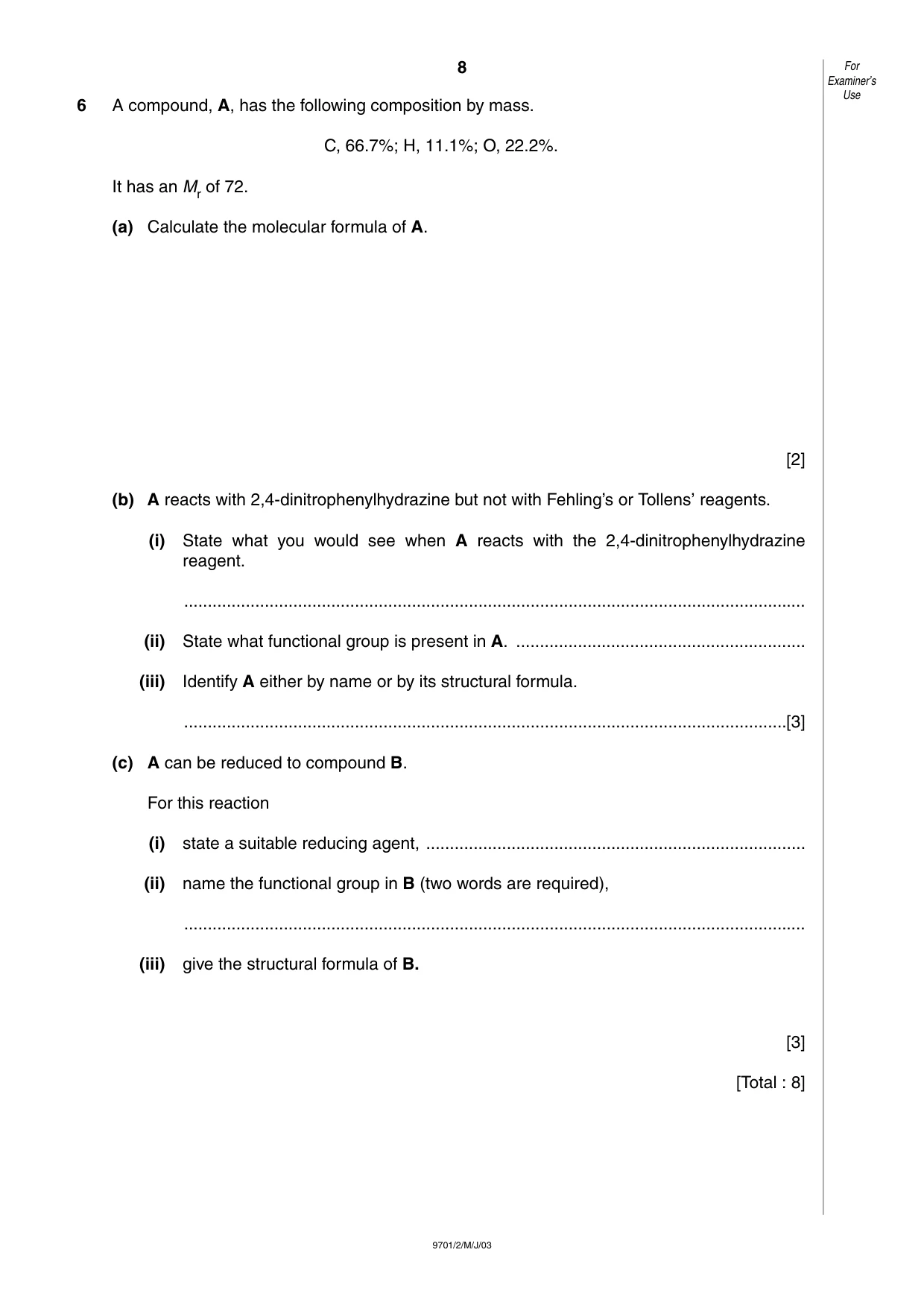 Cambridge A Level Chemistry 9701 2003 May/June Paper 2 · Variant 1 question paper, page 8 of 12