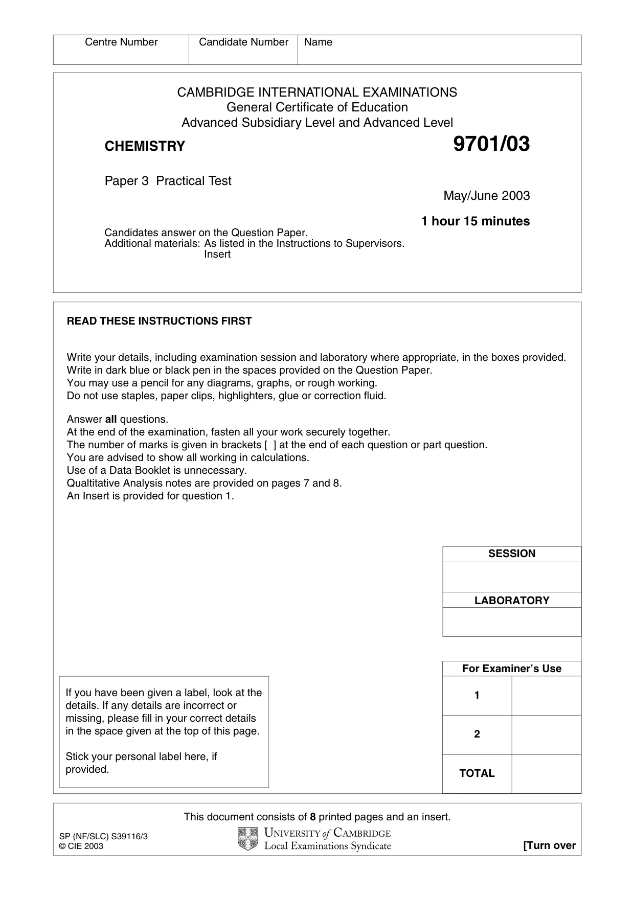 Cambridge A Level Chemistry 9701 2003 May/June Paper 3 · Variant 1 question paper, page 1 of 8