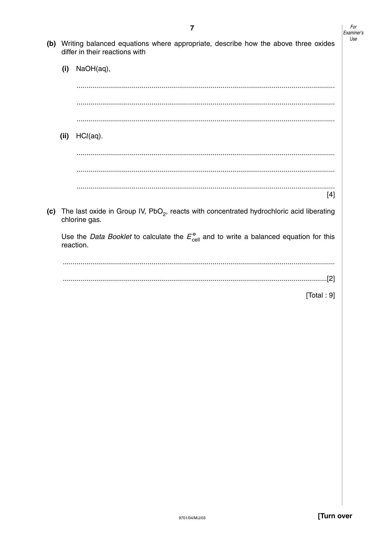 Cambridge A Level Chemistry 9701 2003 May/June Paper 4 · Variant 1 question paper, page 7 of 12