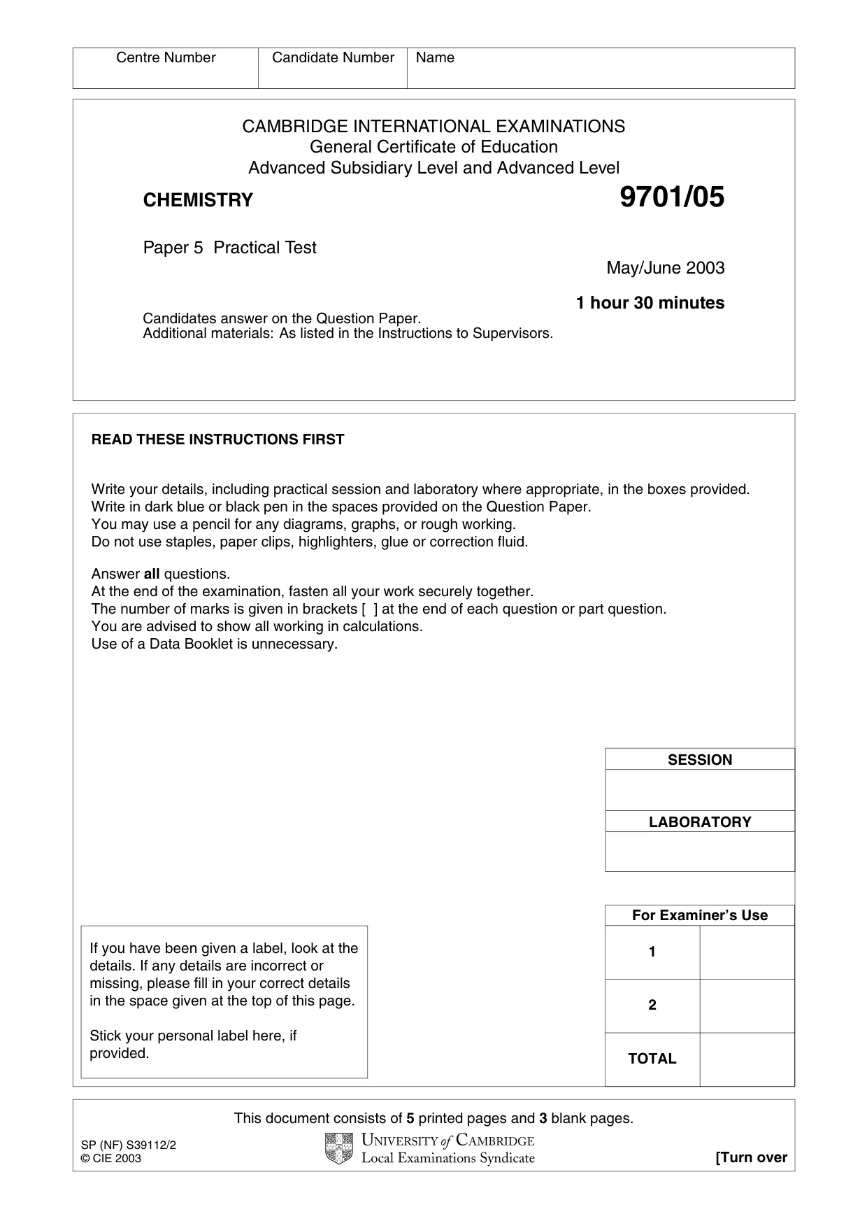 Cambridge A Level Chemistry 9701 2003 May/June Paper 5 · Variant 1 question paper, page 1 of 8