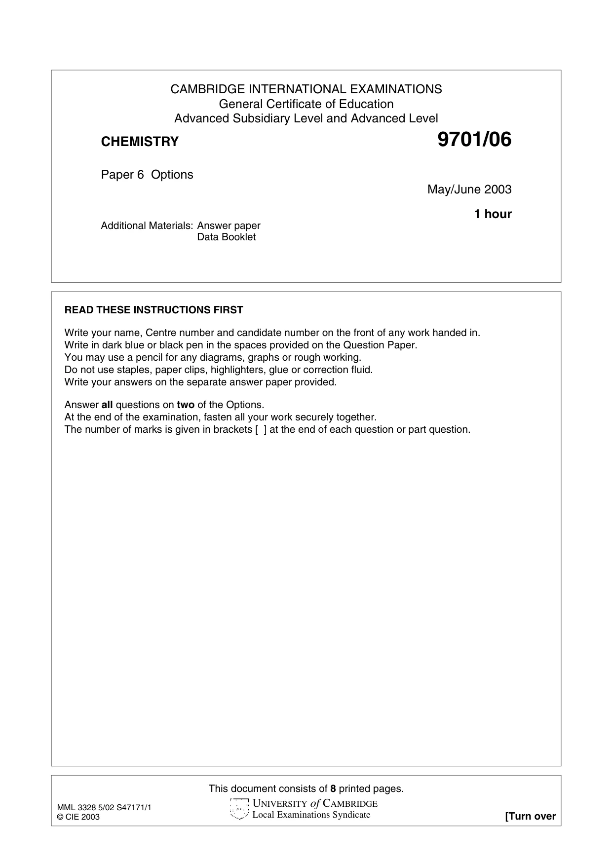 Cambridge A Level Chemistry 9701 2003 May/June Paper 6 · Variant 1 question paper, page 1 of 8