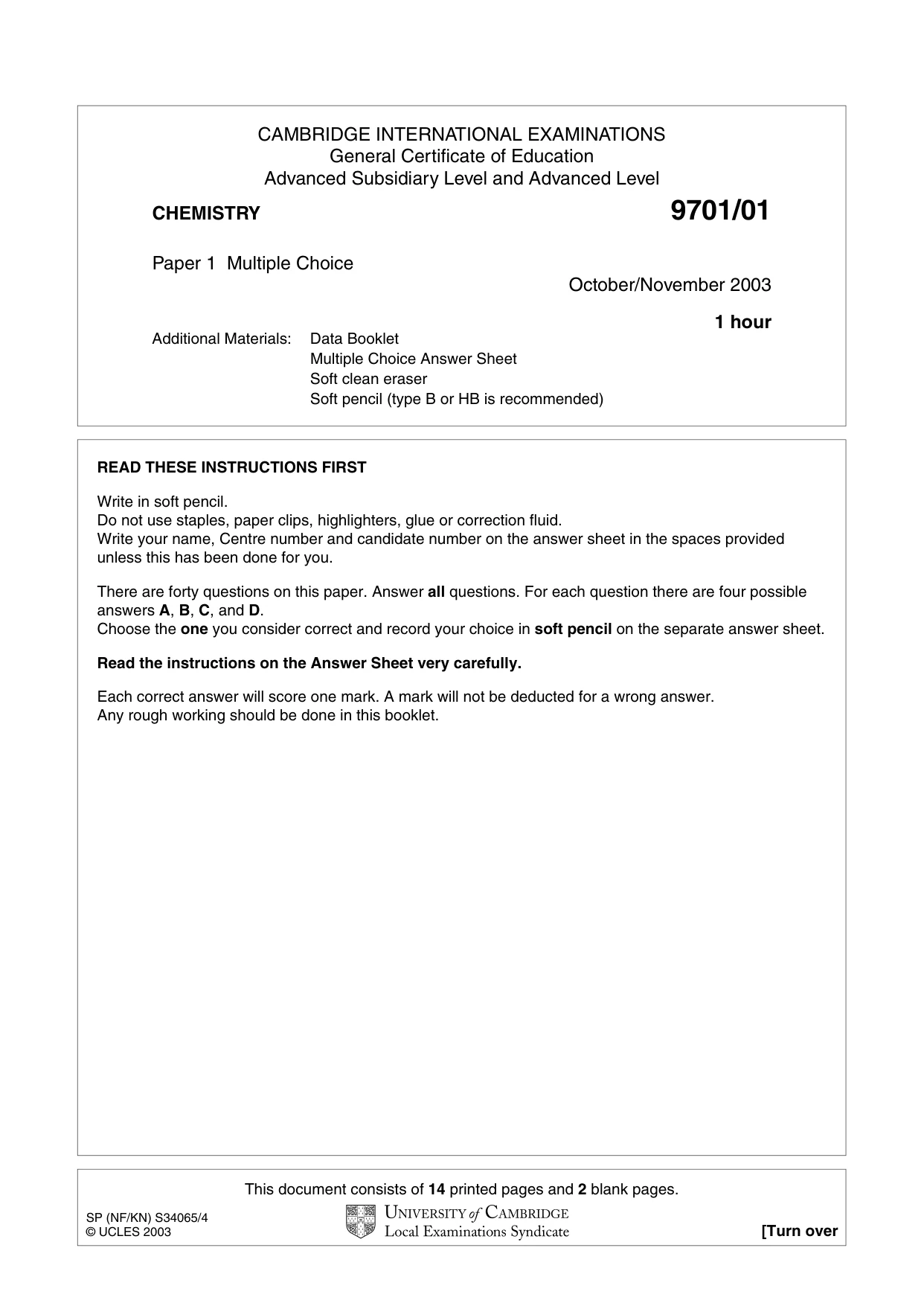 Cambridge A Level Chemistry 9701 2003 Oct/Nov Paper 1 · Variant 1 question paper, page 1 of 16