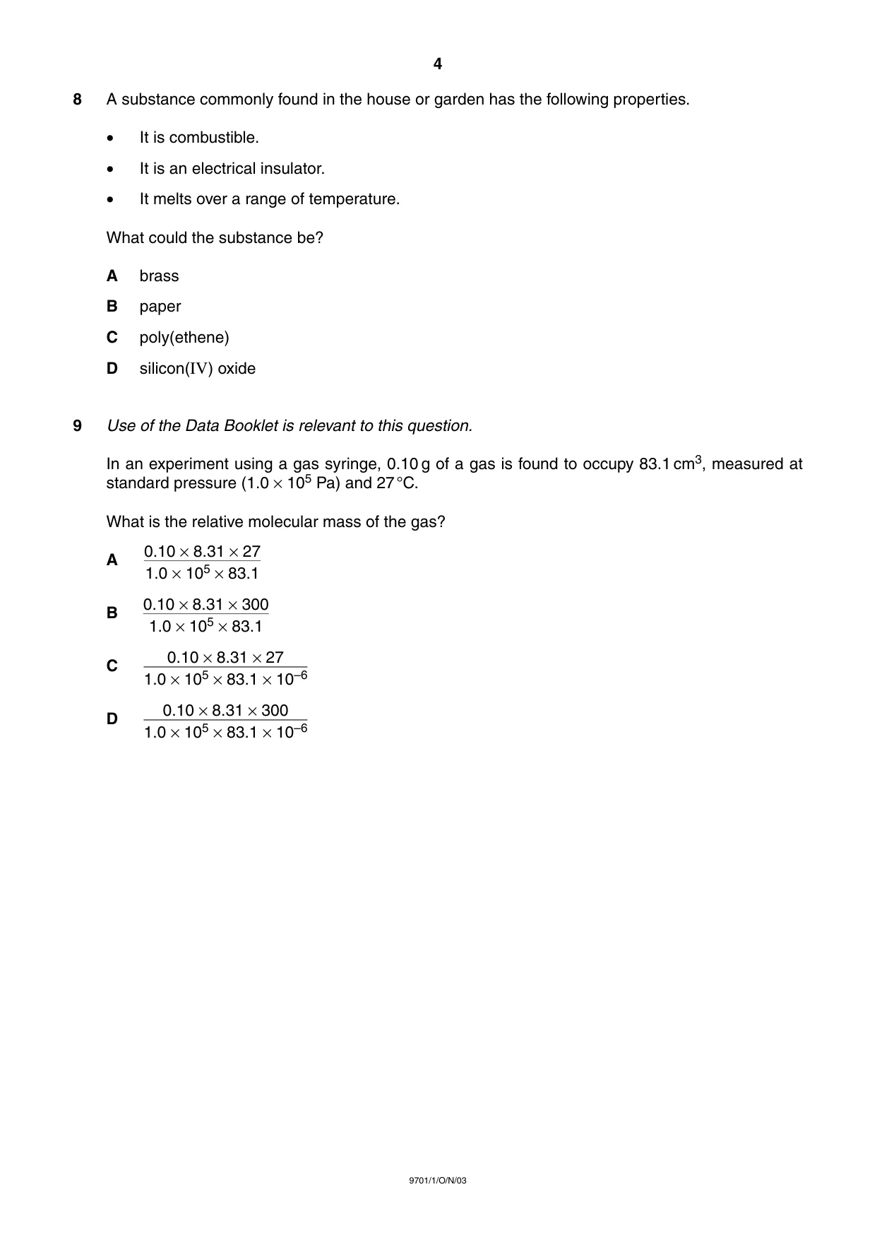 Cambridge A Level Chemistry 9701 2003 Oct/Nov Paper 1 · Variant 1 question paper, page 4 of 16