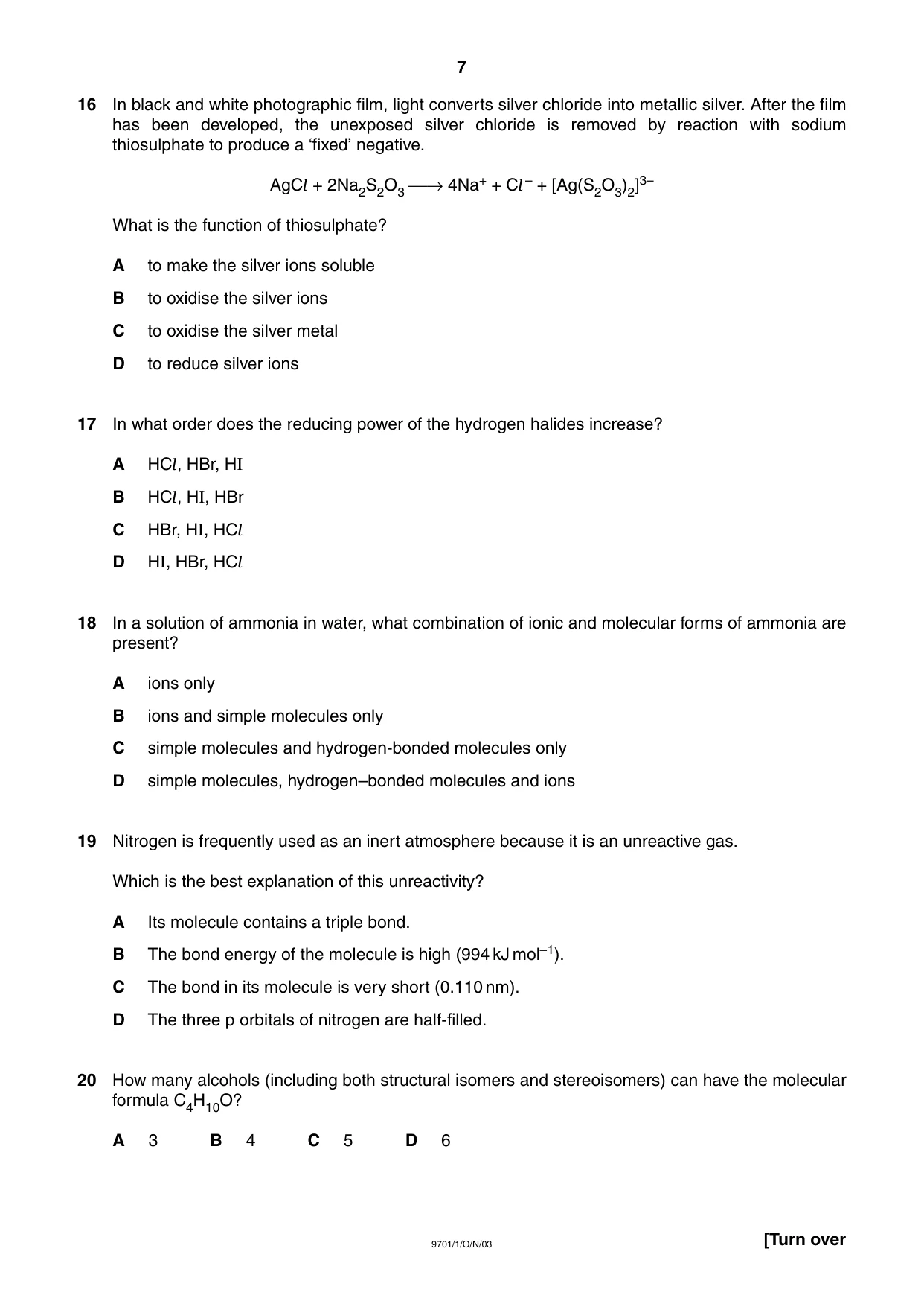 Cambridge A Level Chemistry 9701 2003 Oct/Nov Paper 1 · Variant 1 question paper, page 7 of 16