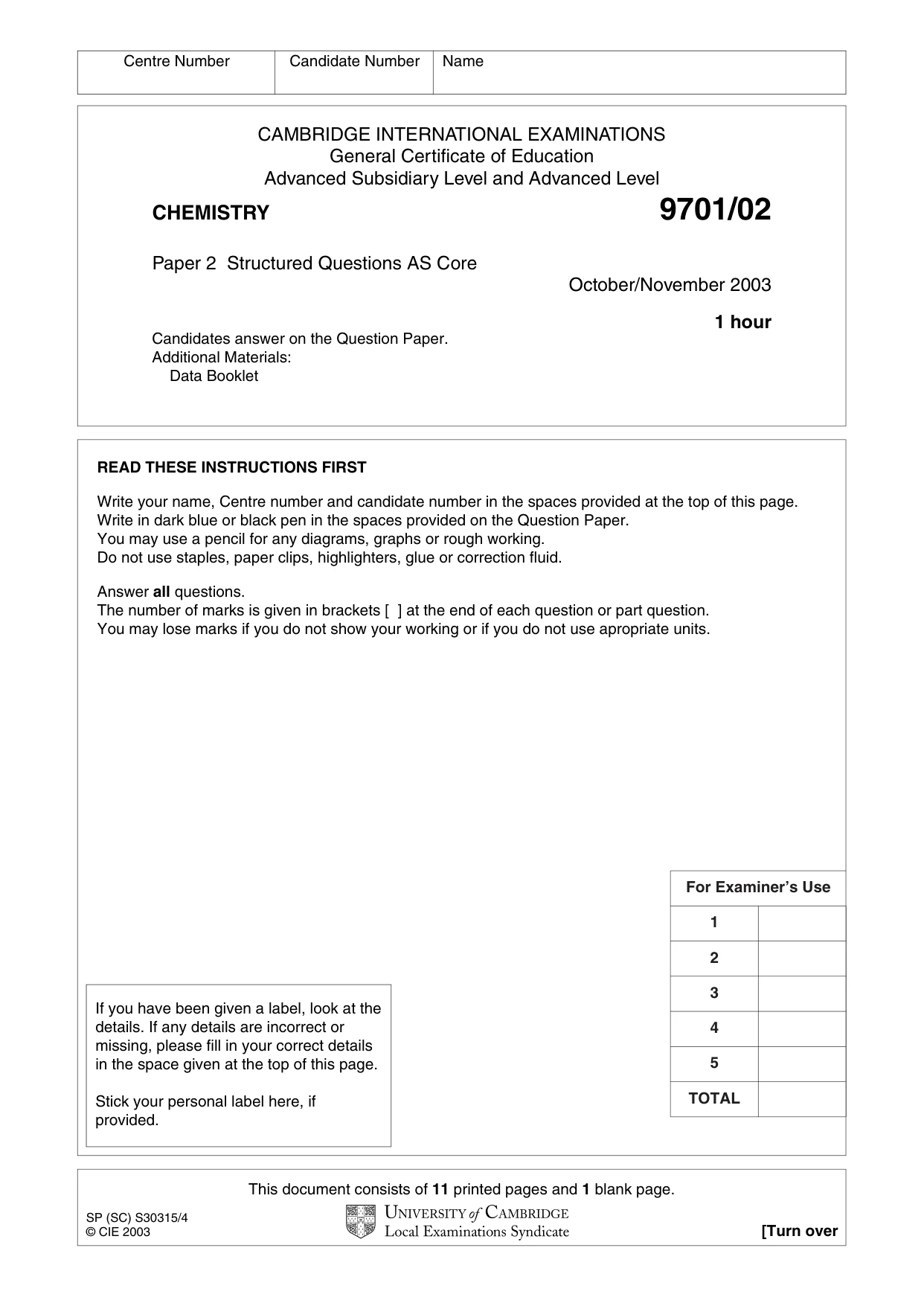 Cambridge A Level Chemistry 9701 2003 Oct/Nov Paper 2 · Variant 1 question paper, page 1 of 12
