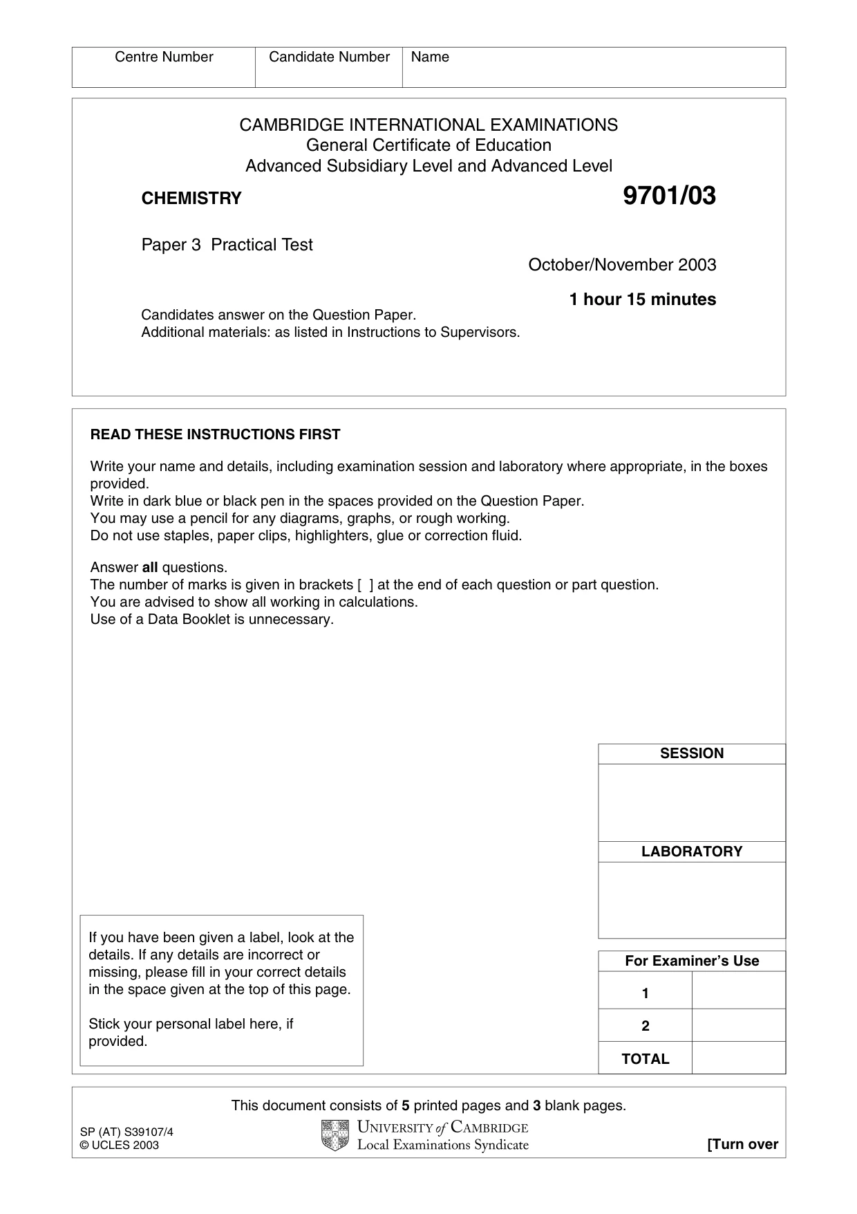 Cambridge A Level Chemistry 9701 2003 Oct/Nov Paper 3 · Variant 1 question paper, page 1 of 8