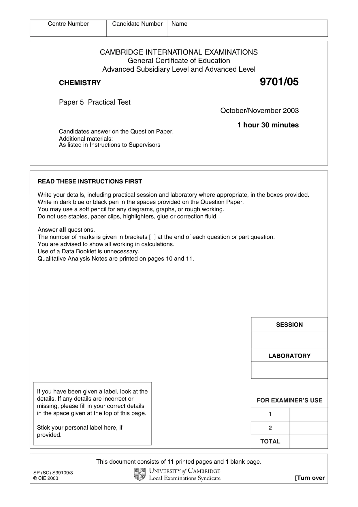 Cambridge A Level Chemistry 9701 2003 Oct/Nov Paper 5 · Variant 1 question paper, page 1 of 12