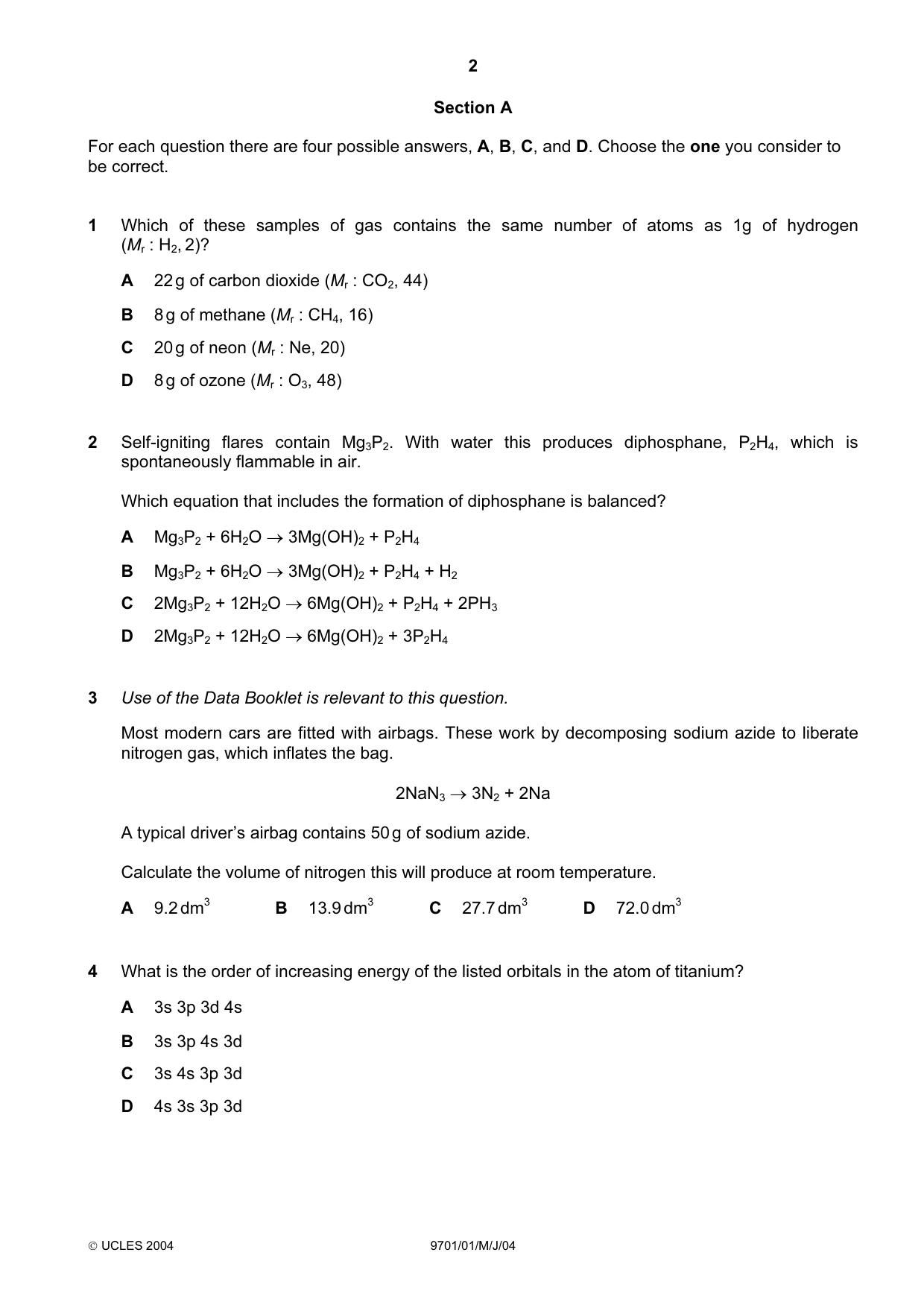 Cambridge A Level Chemistry 9701 2004 May/June Paper 1 · Variant 1 question paper, page 2 of 16