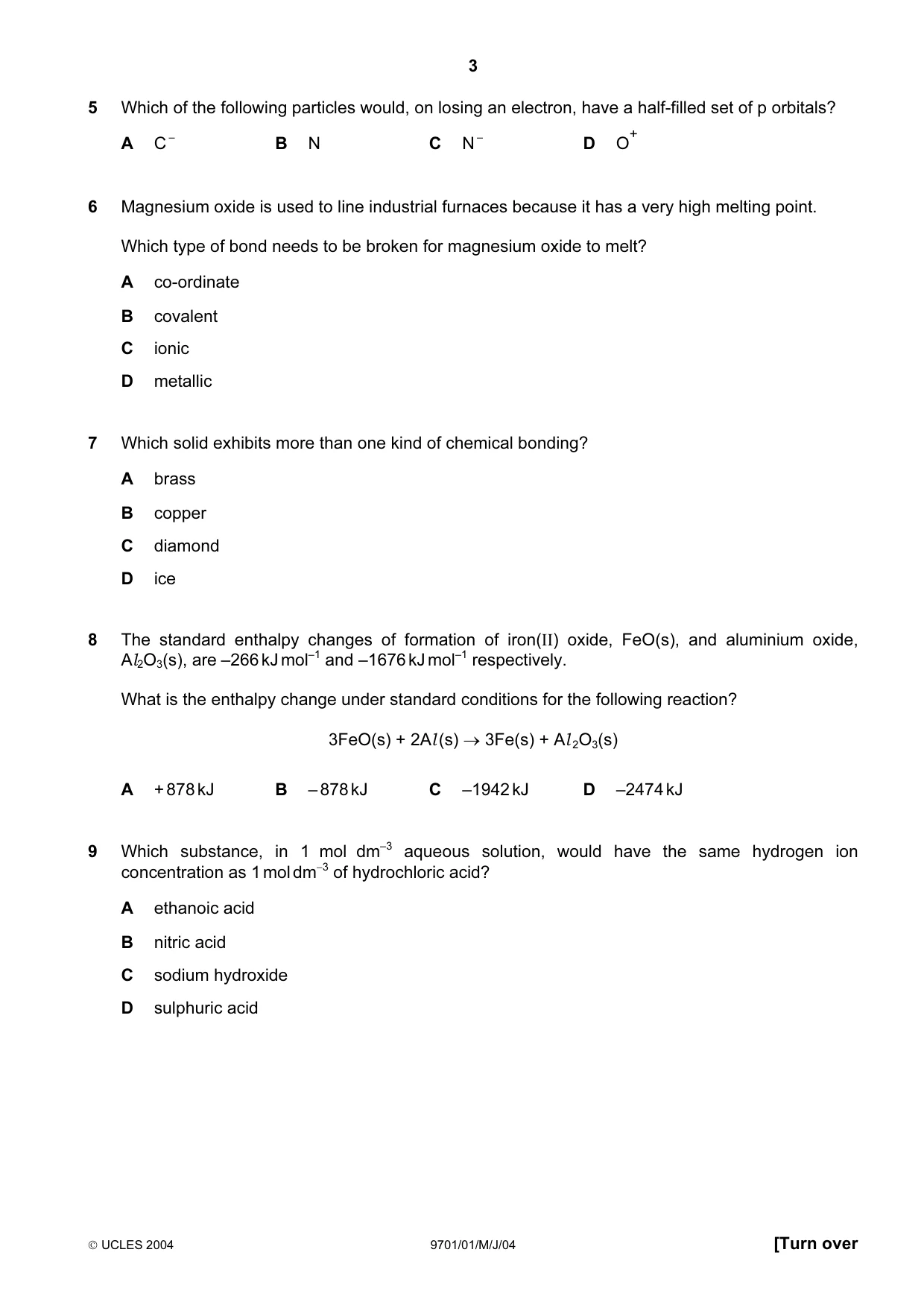 Cambridge A Level Chemistry 9701 2004 May/June Paper 1 · Variant 1 question paper, page 3 of 16