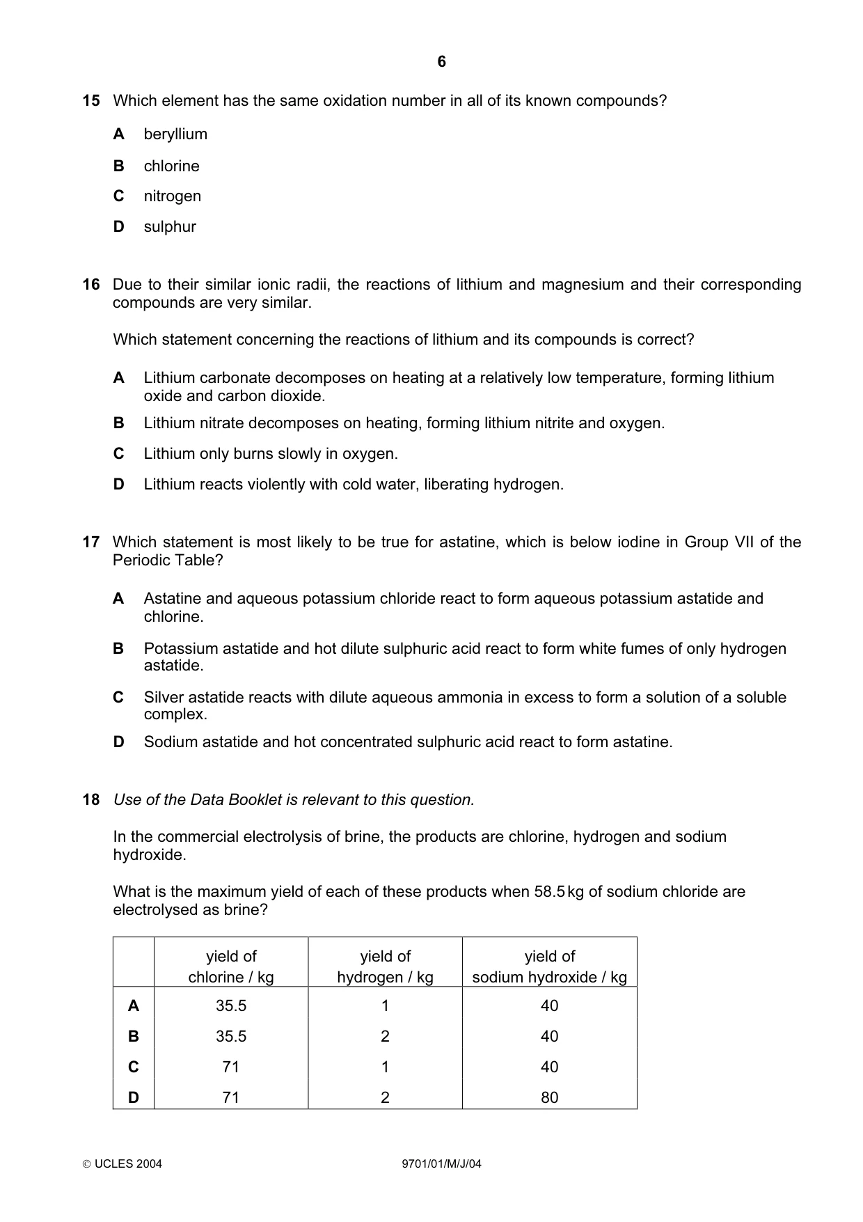 Cambridge A Level Chemistry 9701 2004 May/June Paper 1 · Variant 1 question paper, page 6 of 16