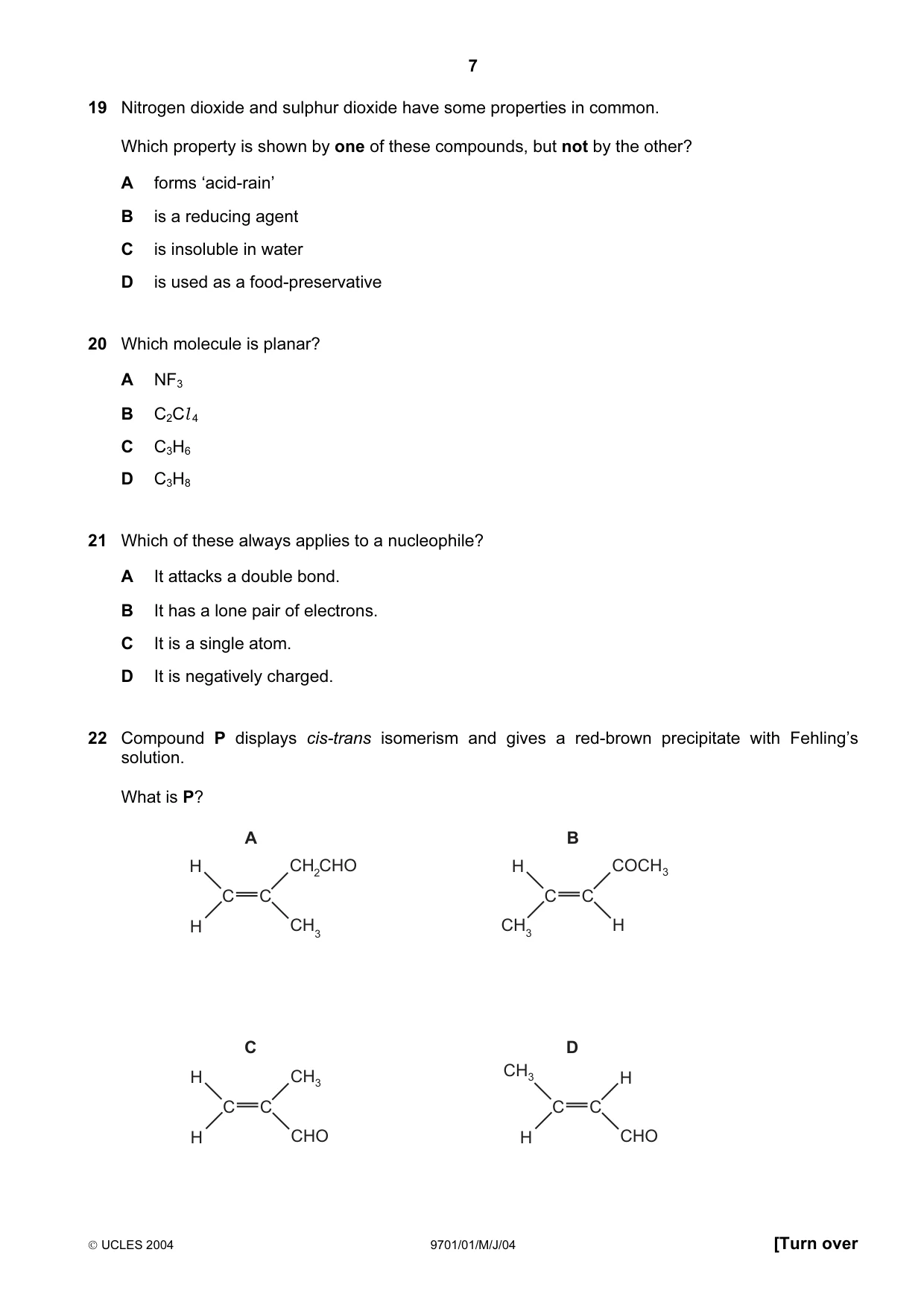Cambridge A Level Chemistry 9701 2004 May/June Paper 1 · Variant 1 question paper, page 7 of 16
