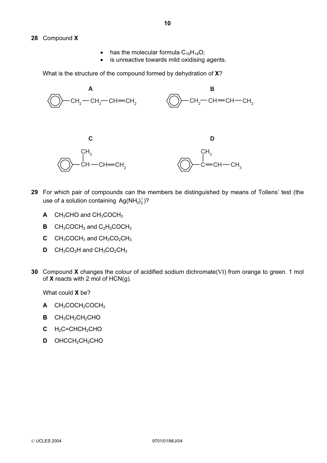 Cambridge A Level Chemistry 9701 2004 May/June Paper 1 · Variant 1 question paper, page 10 of 16
