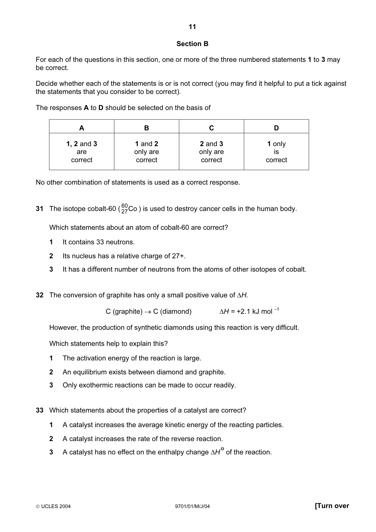 Cambridge A Level Chemistry 9701 2004 May/June Paper 1 · Variant 1 question paper, page 11 of 16