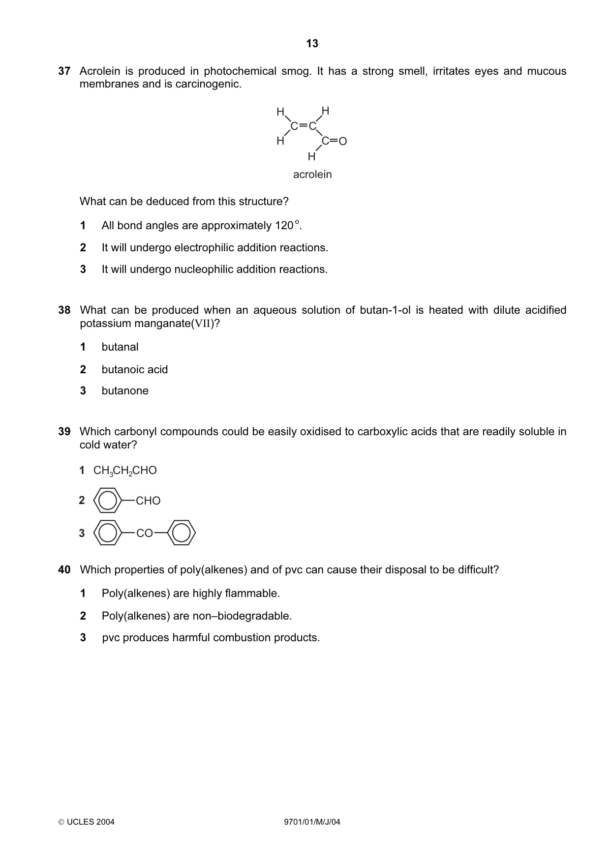 Cambridge A Level Chemistry 9701 2004 May/June Paper 1 · Variant 1 question paper, page 13 of 16