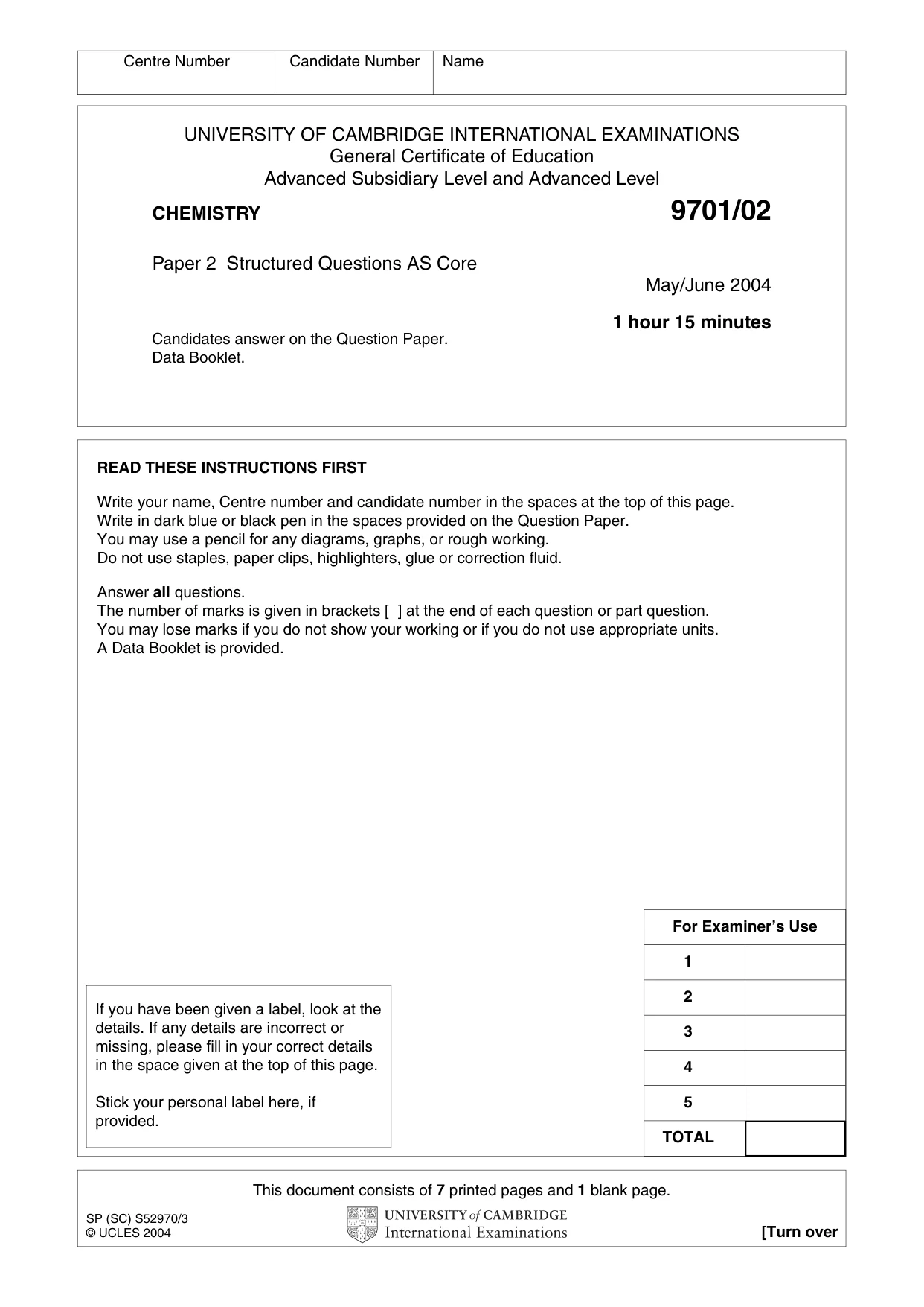 Cambridge A Level Chemistry 9701 2004 May/June Paper 2 · Variant 1 question paper, page 1 of 8