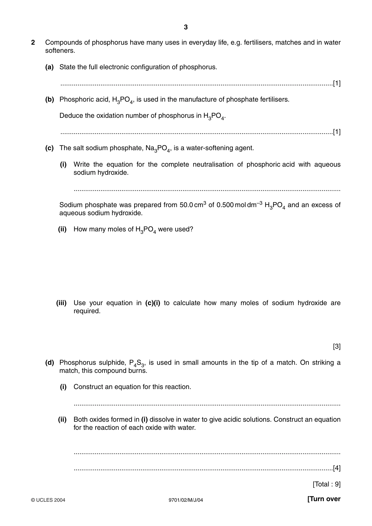 Cambridge A Level Chemistry 9701 2004 May/June Paper 2 · Variant 1 question paper, page 3 of 8