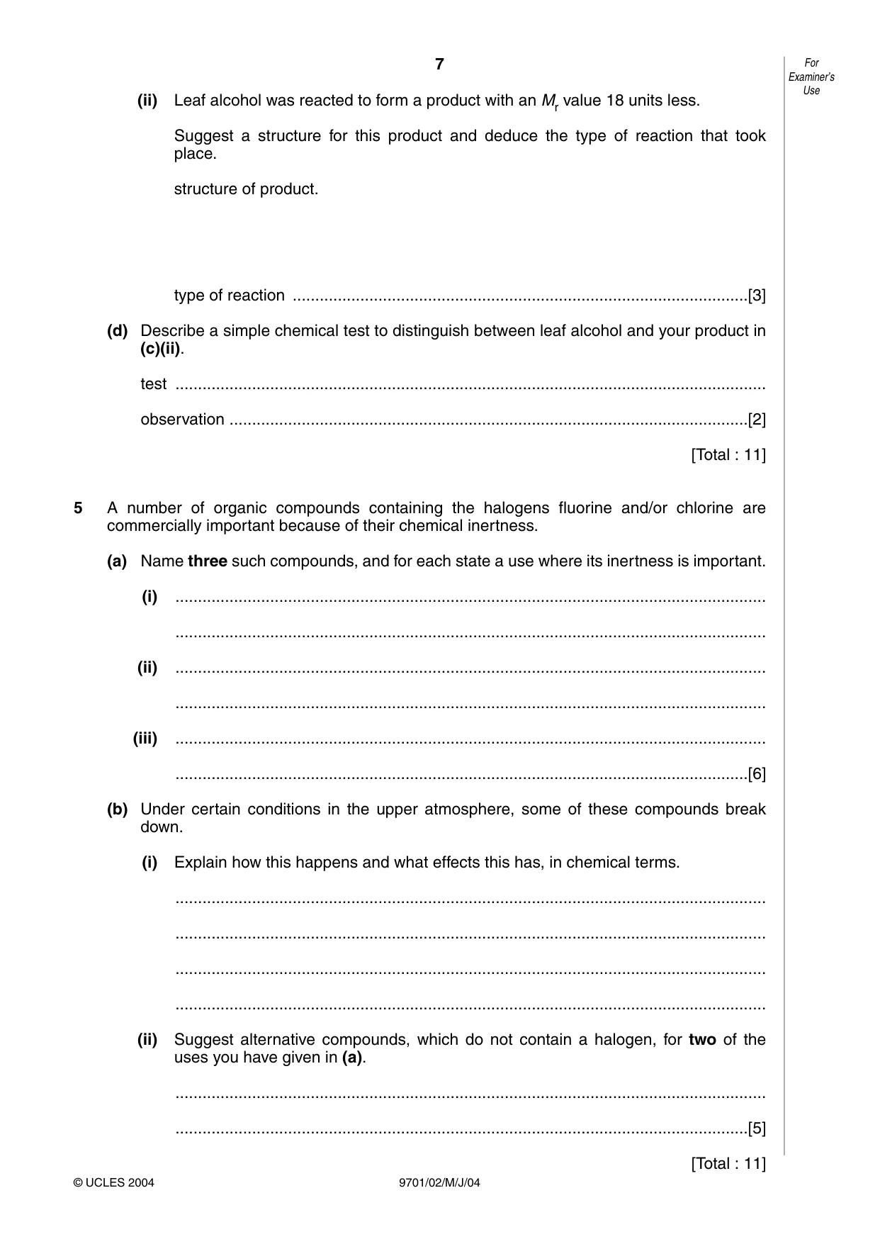 Cambridge A Level Chemistry 9701 2004 May/June Paper 2 · Variant 1 question paper, page 7 of 8