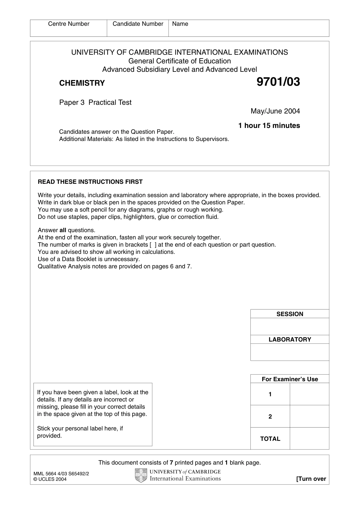 Cambridge A Level Chemistry 9701 2004 May/June Paper 3 · Variant 1 question paper, page 1 of 8