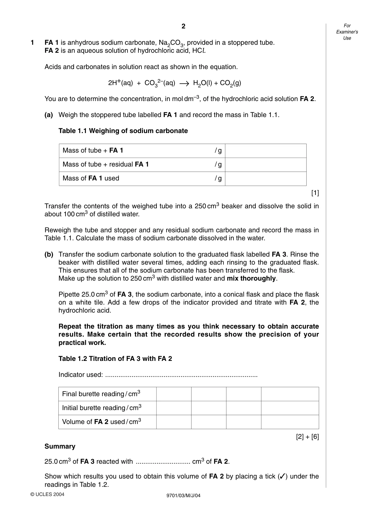 Cambridge A Level Chemistry 9701 2004 May/June Paper 3 · Variant 1 question paper, page 2 of 8