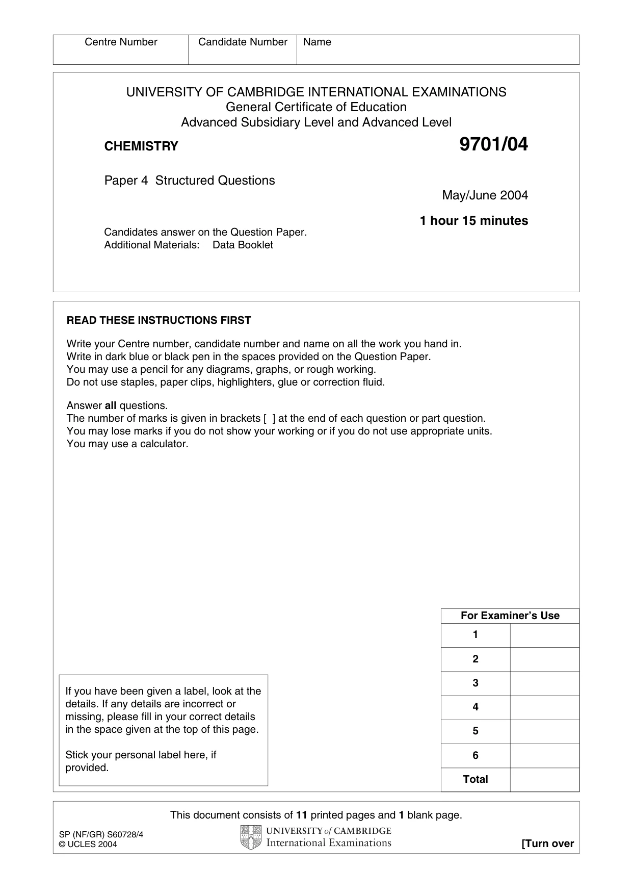 Cambridge A Level Chemistry 9701 2004 May/June Paper 4 · Variant 1 question paper, page 1 of 12