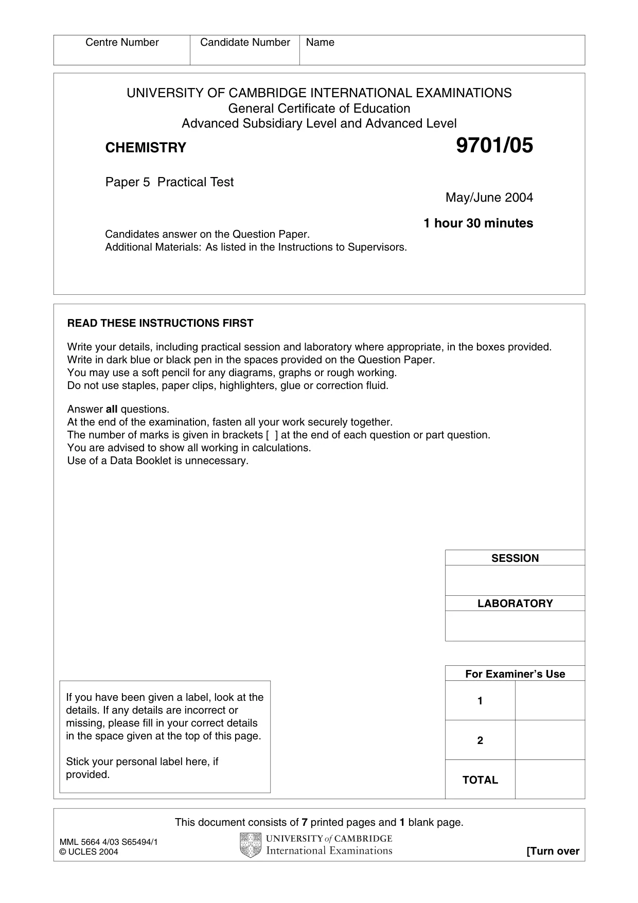 Cambridge A Level Chemistry 9701 2004 May/June Paper 5 · Variant 1 question paper, page 1 of 8