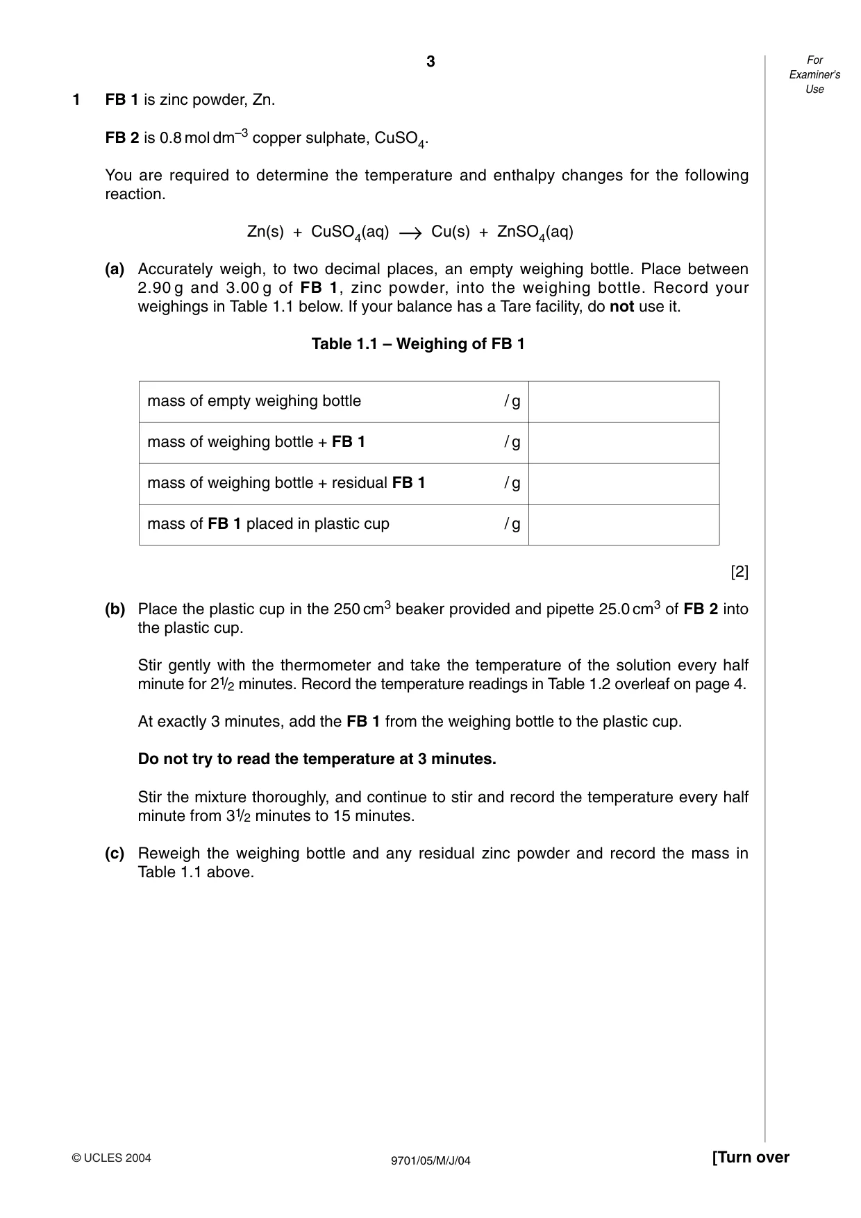 Cambridge A Level Chemistry 9701 2004 May/June Paper 5 · Variant 1 question paper, page 3 of 8