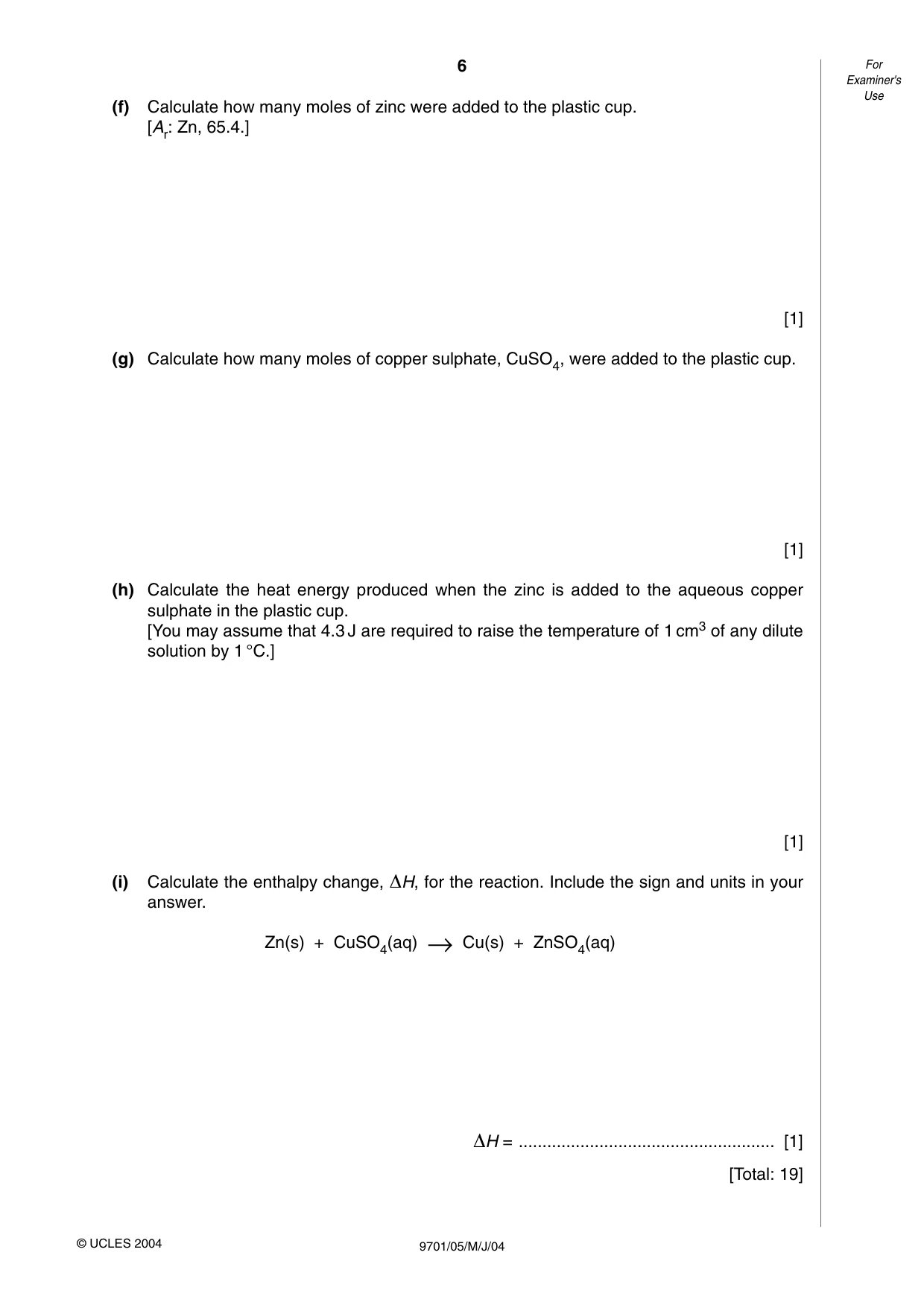 Cambridge A Level Chemistry 9701 2004 May/June Paper 5 · Variant 1 question paper, page 6 of 8