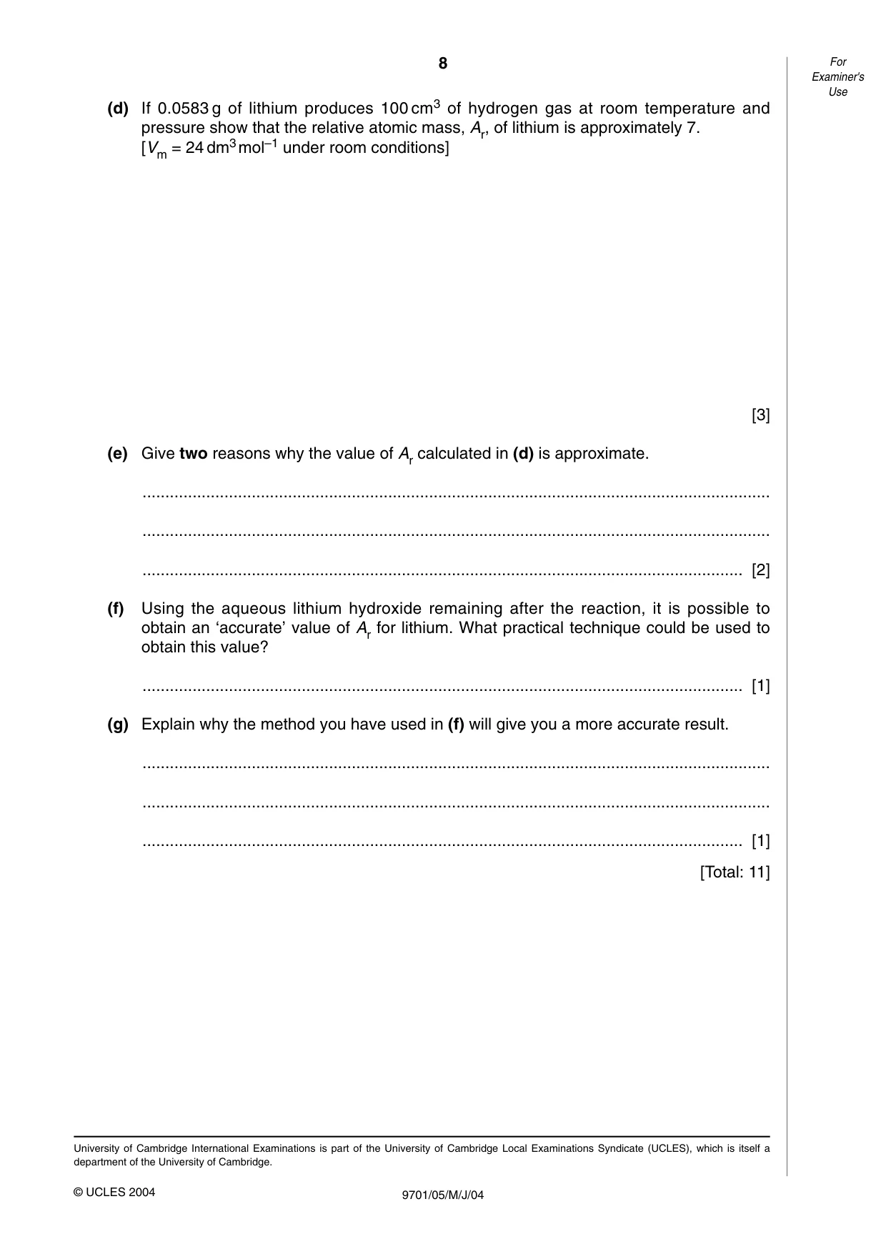 Cambridge A Level Chemistry 9701 2004 May/June Paper 5 · Variant 1 question paper, page 8 of 8
