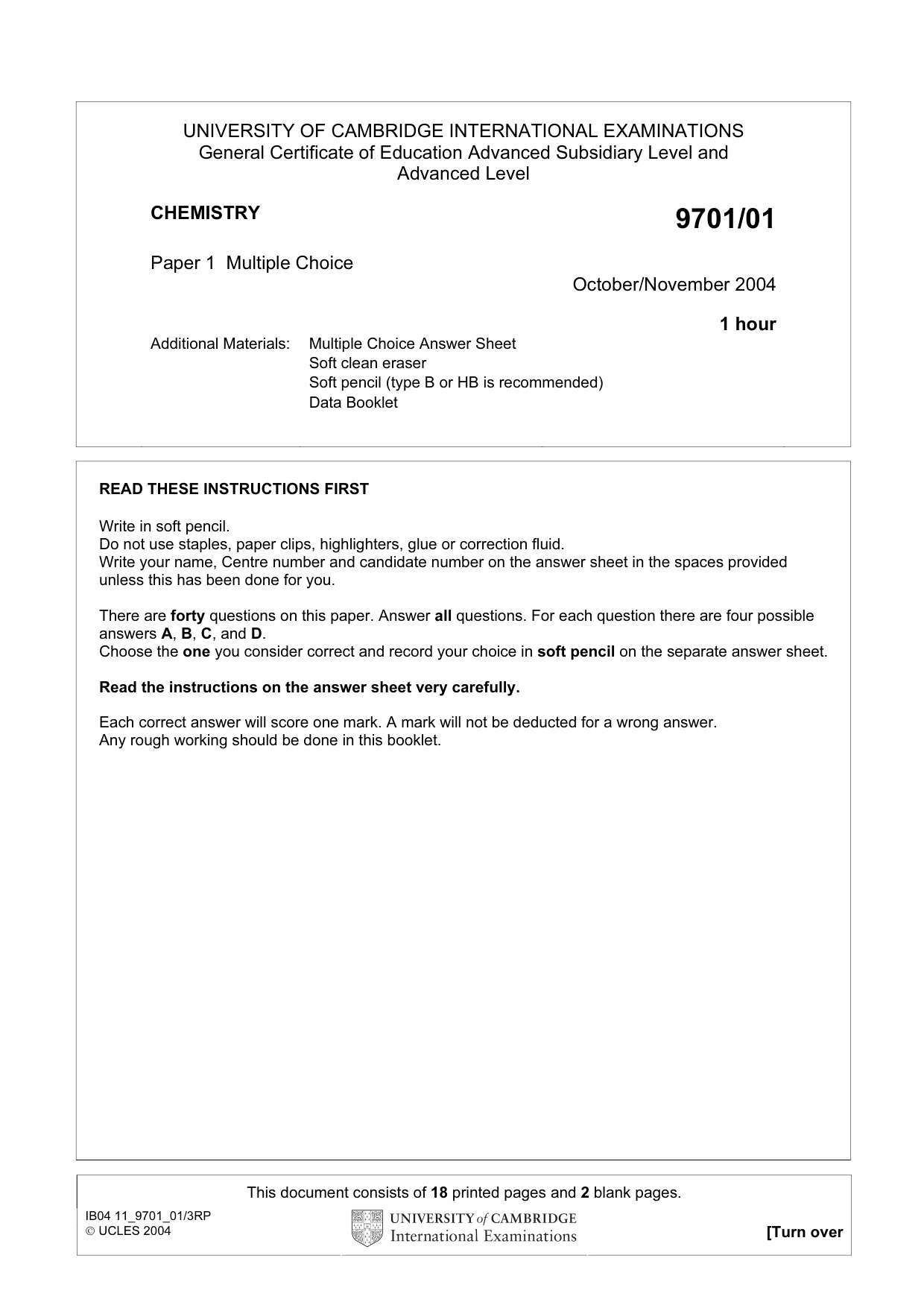 Cambridge A Level Chemistry 9701 2004 Oct/Nov Paper 1 · Variant 1 question paper, page 1 of 20