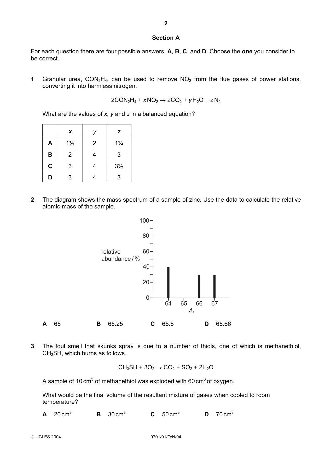 Cambridge A Level Chemistry 9701 2004 Oct/Nov Paper 1 · Variant 1 question paper, page 2 of 20