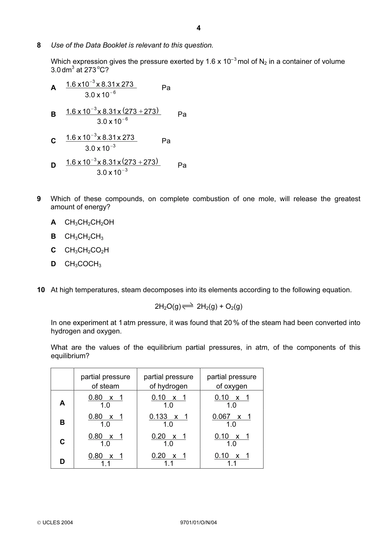 Cambridge A Level Chemistry 9701 2004 Oct/Nov Paper 1 · Variant 1 question paper, page 4 of 20