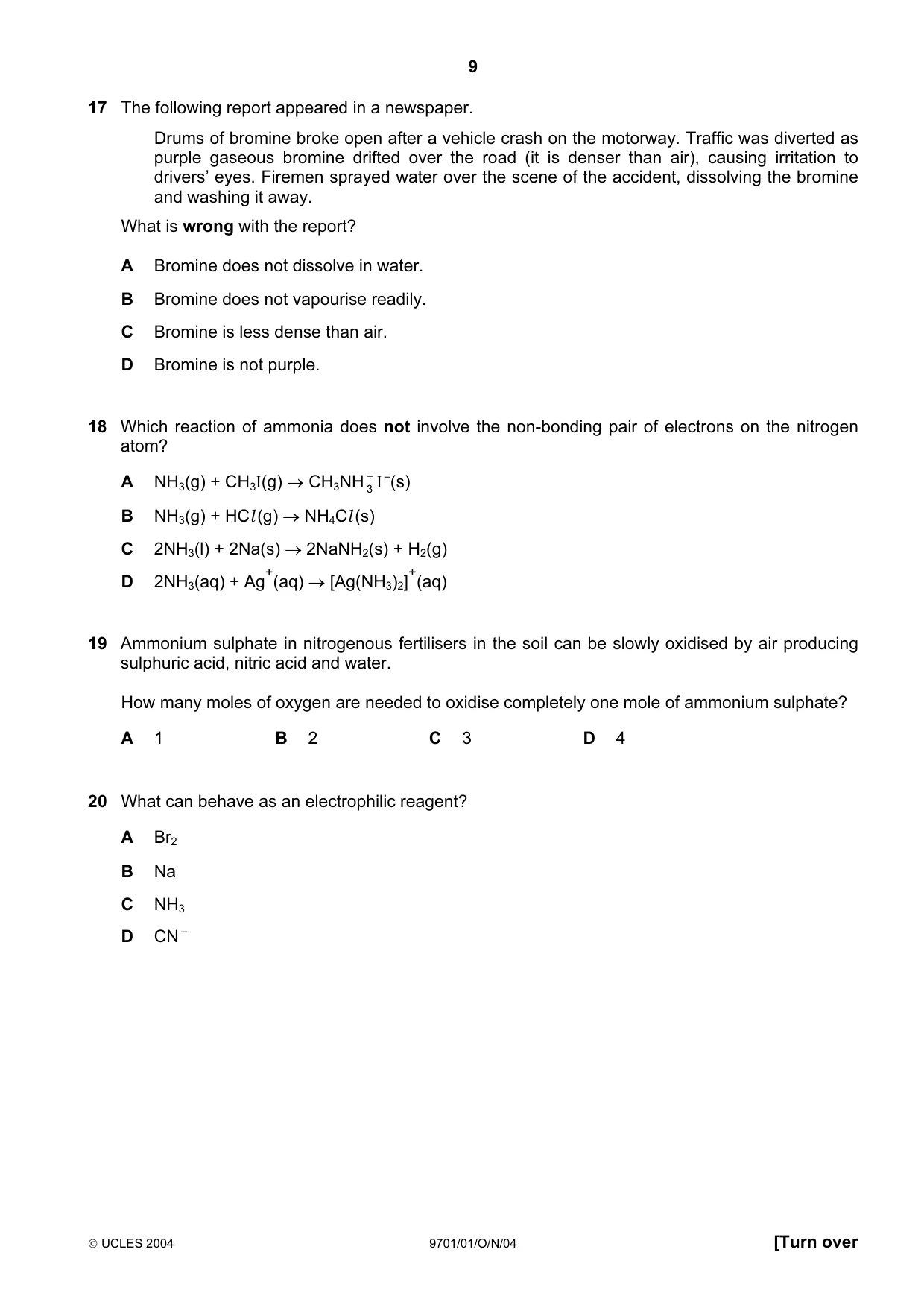 Cambridge A Level Chemistry 9701 2004 Oct/Nov Paper 1 · Variant 1 question paper, page 9 of 20