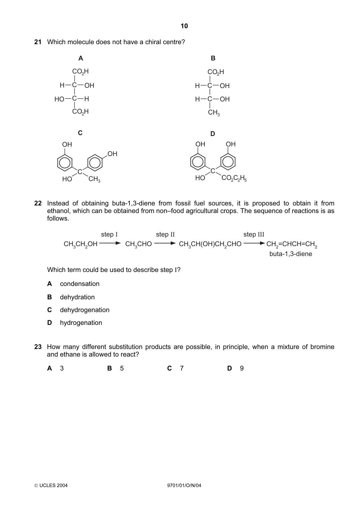 Cambridge A Level Chemistry 9701 2004 Oct/Nov Paper 1 · Variant 1 question paper, page 10 of 20