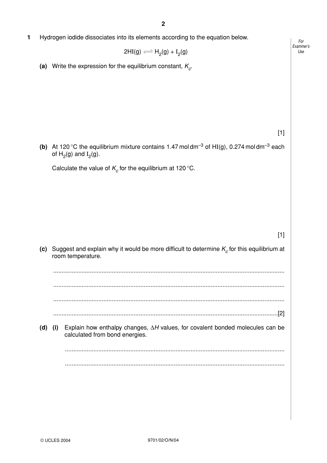 Cambridge A Level Chemistry 9701 2004 Oct/Nov Paper 2 · Variant 1 question paper, page 2 of 12
