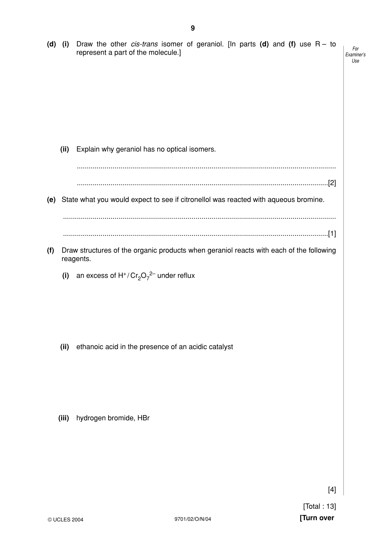 Cambridge A Level Chemistry 9701 2004 Oct/Nov Paper 2 · Variant 1 question paper, page 9 of 12