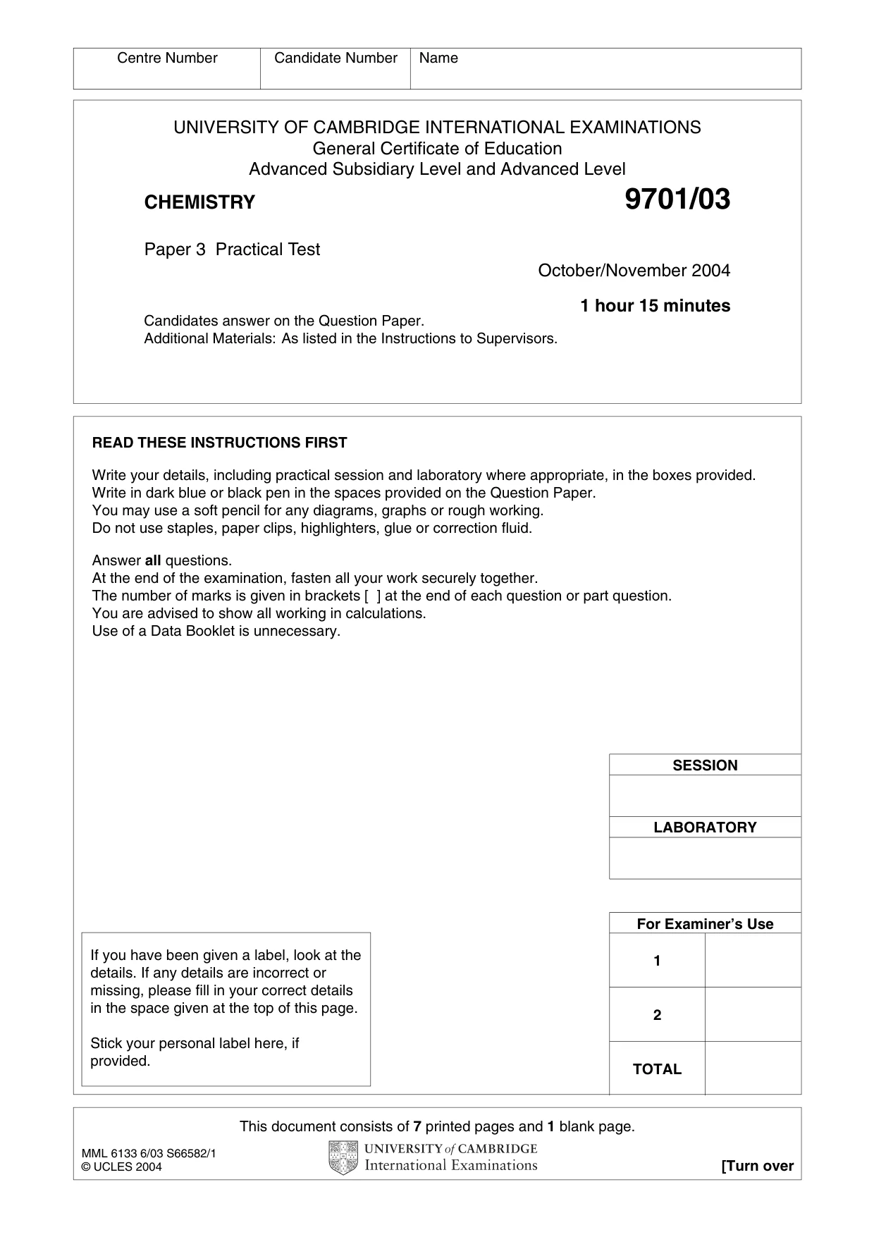 Cambridge A Level Chemistry 9701 2004 Oct/Nov Paper 3 · Variant 1 question paper, page 1 of 8