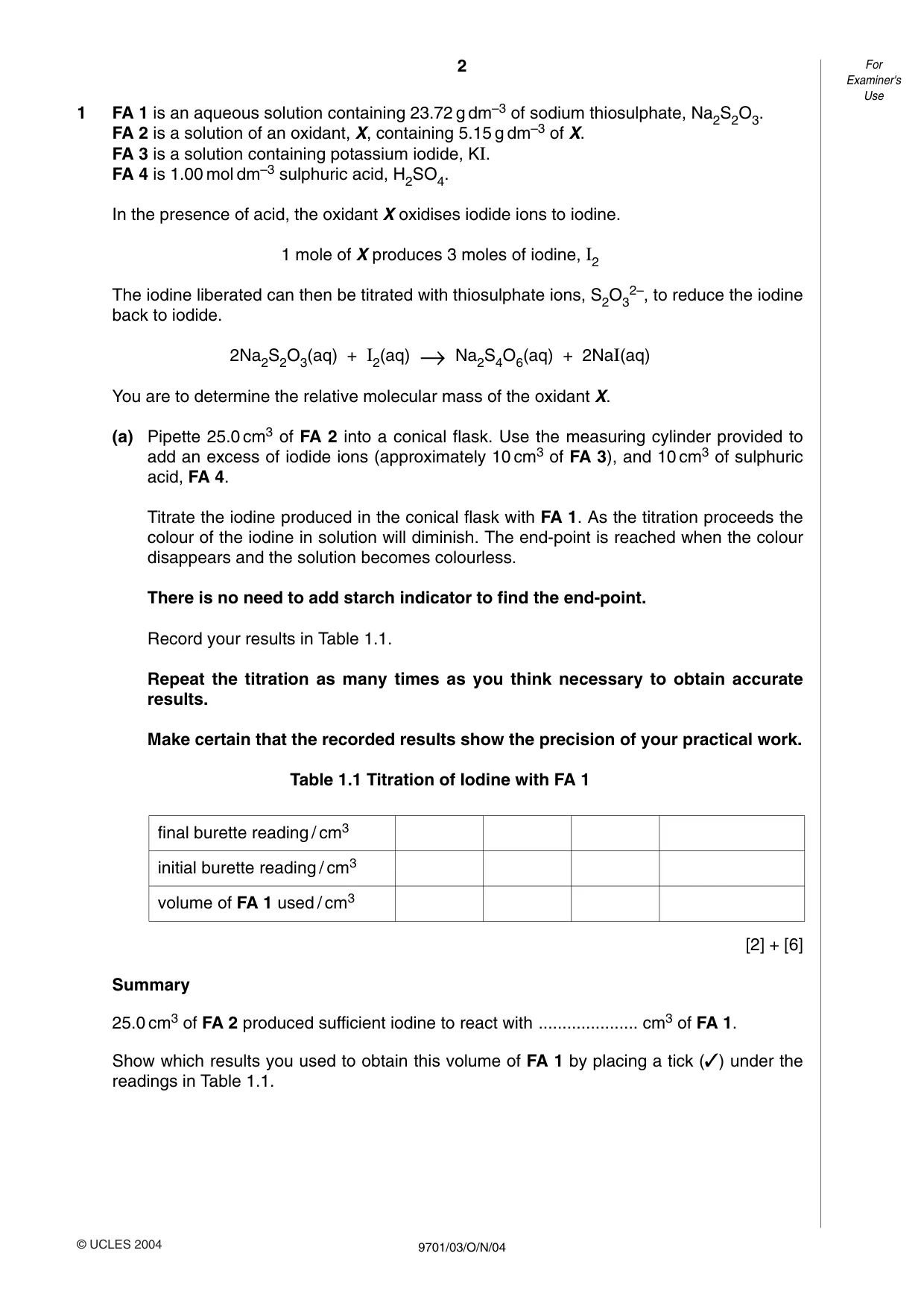 Cambridge A Level Chemistry 9701 2004 Oct/Nov Paper 3 · Variant 1 question paper, page 2 of 8