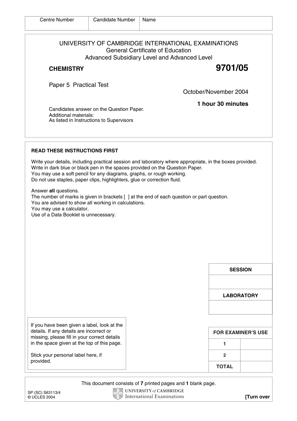 Cambridge A Level Chemistry 9701 2004 Oct/Nov Paper 5 · Variant 1 question paper, page 1 of 8