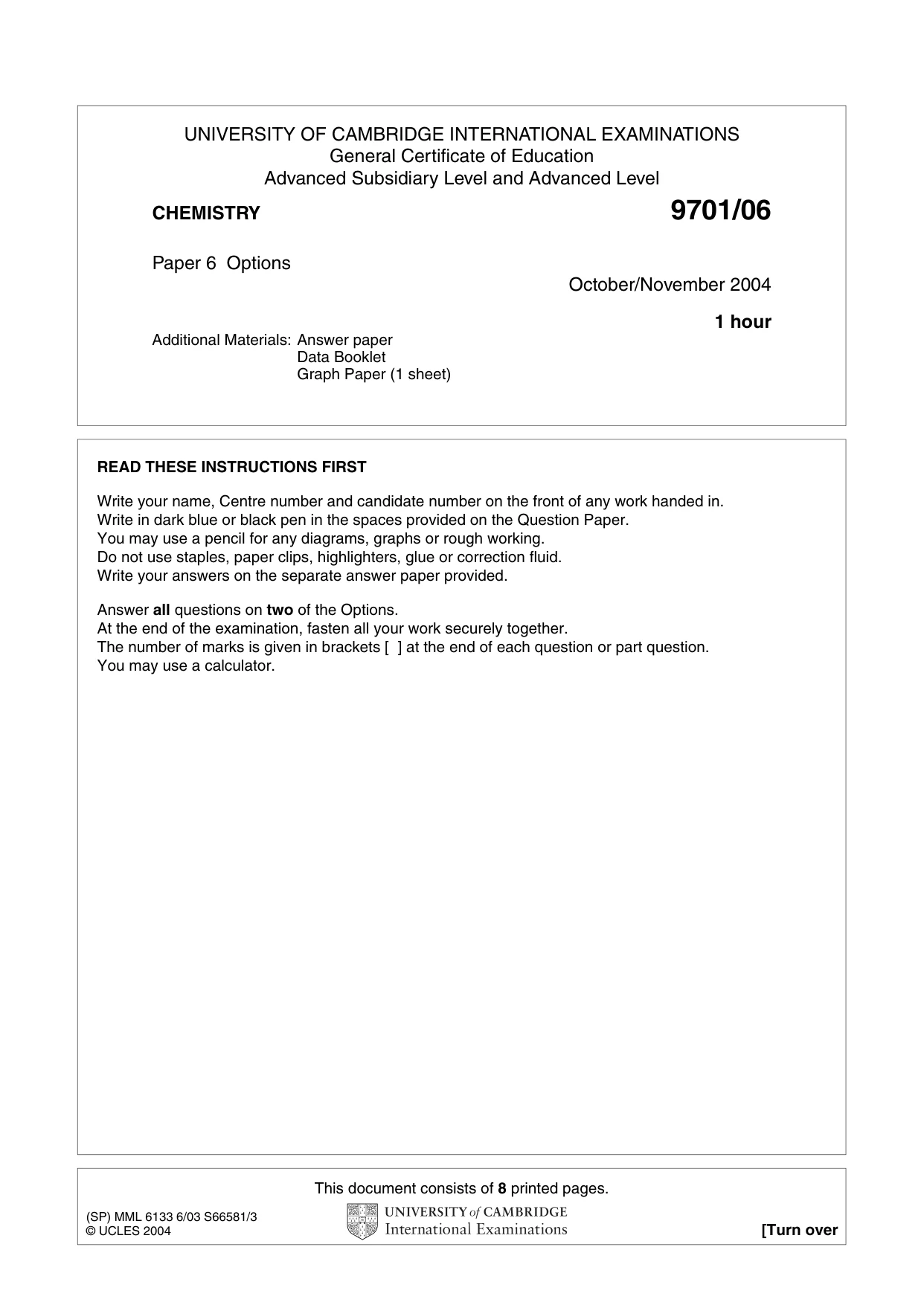 Cambridge A Level Chemistry 9701 2004 Oct/Nov Paper 6 · Variant 1 question paper, page 1 of 8