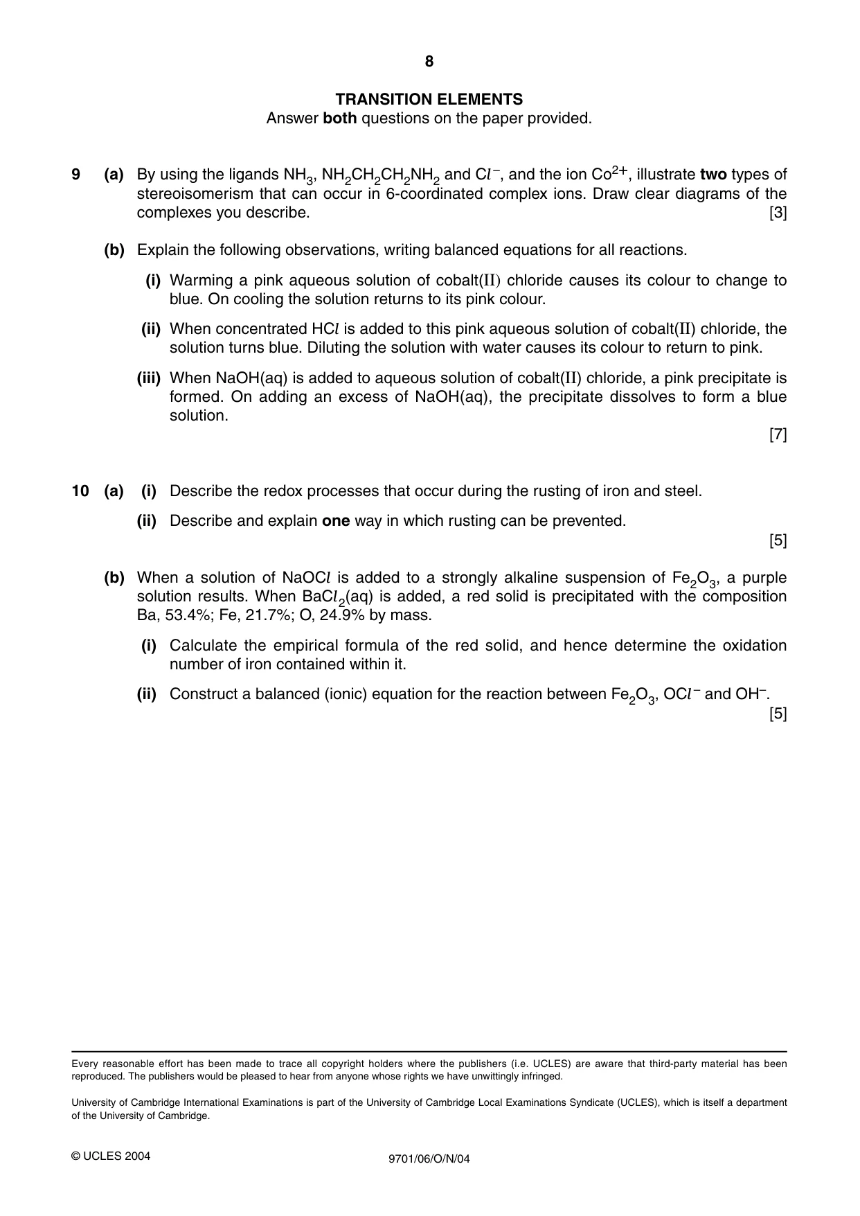 Cambridge A Level Chemistry 9701 2004 Oct/Nov Paper 6 · Variant 1 question paper, page 8 of 8