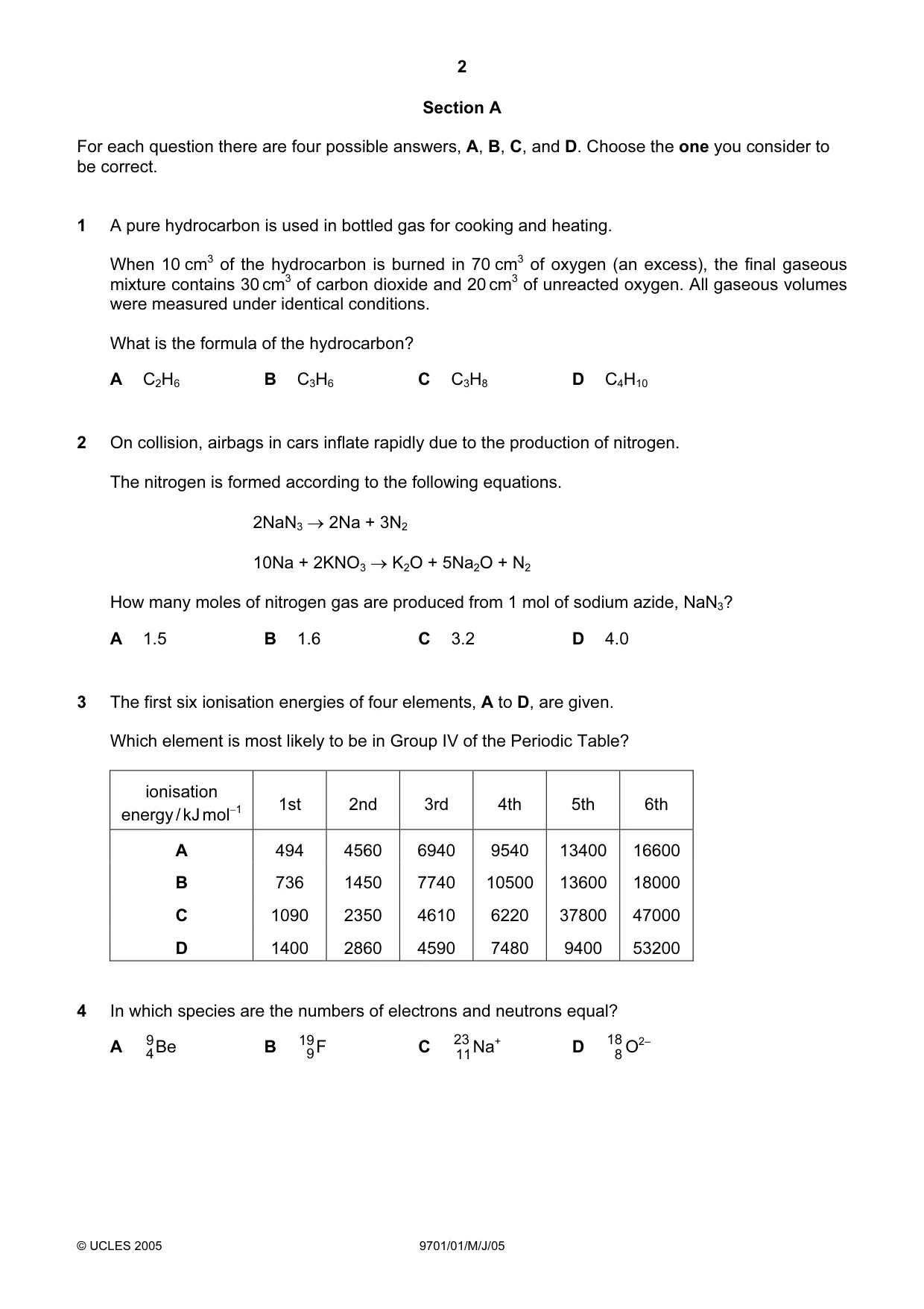 Cambridge A Level Chemistry 9701 2005 May/June Paper 1 · Variant 1 question paper, page 2 of 16