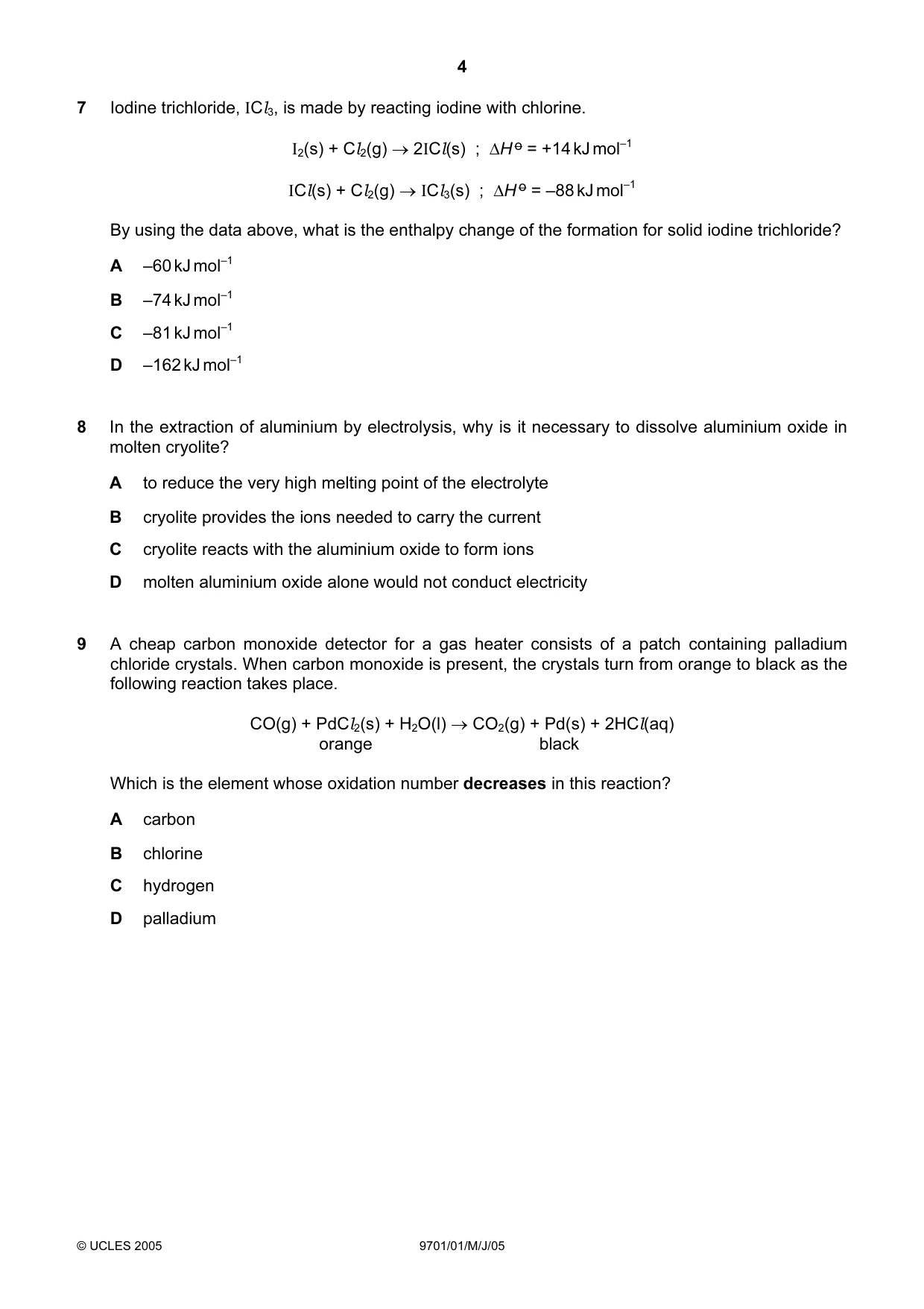 Cambridge A Level Chemistry 9701 2005 May/June Paper 1 · Variant 1 question paper, page 4 of 16