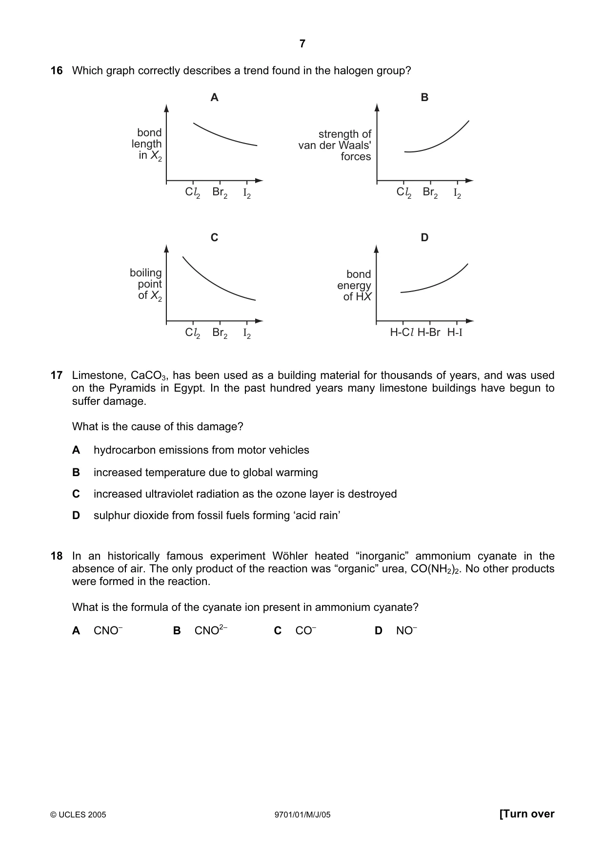 Cambridge A Level Chemistry 9701 2005 May/June Paper 1 · Variant 1 question paper, page 7 of 16