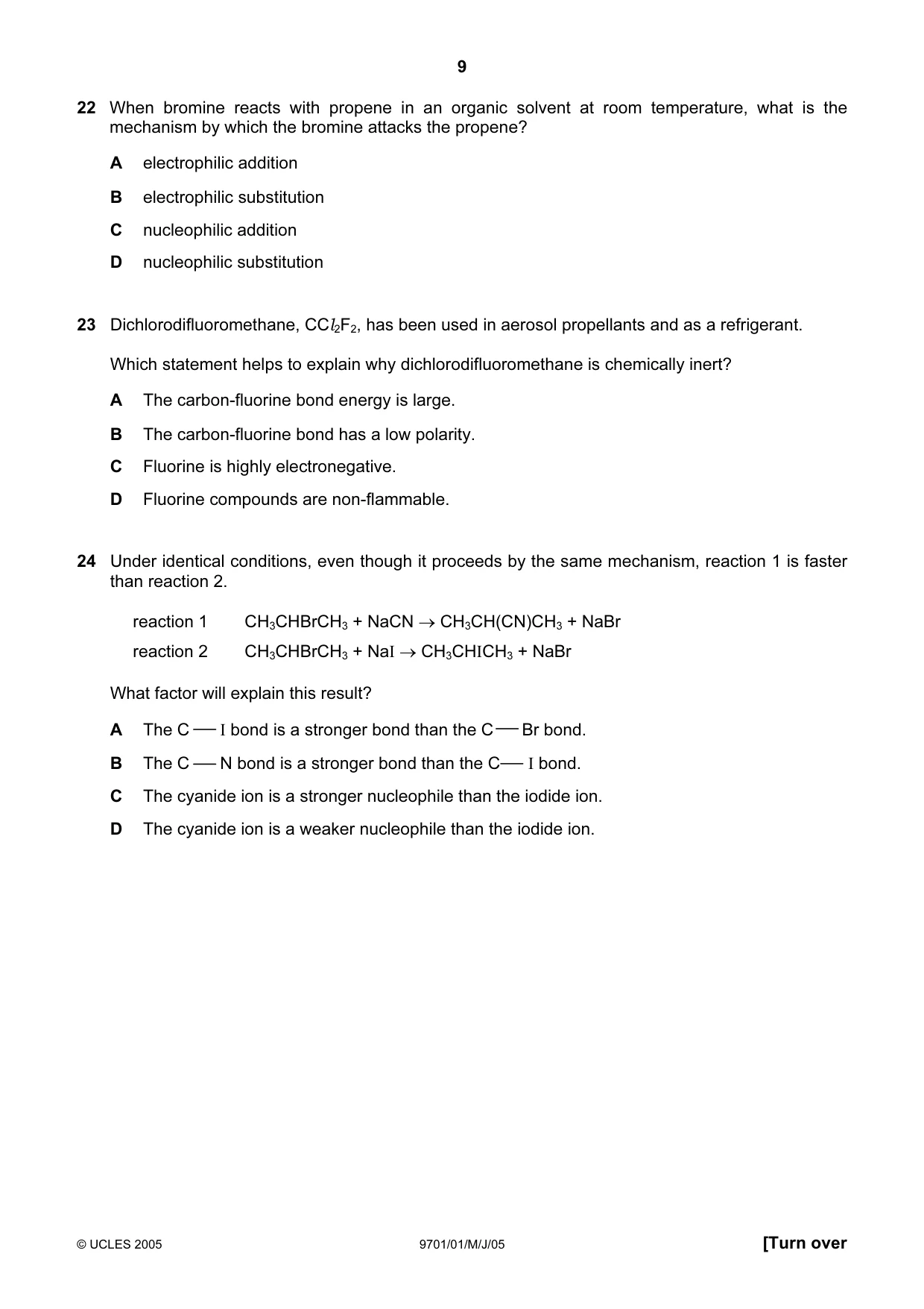 Cambridge A Level Chemistry 9701 2005 May/June Paper 1 · Variant 1 question paper, page 9 of 16