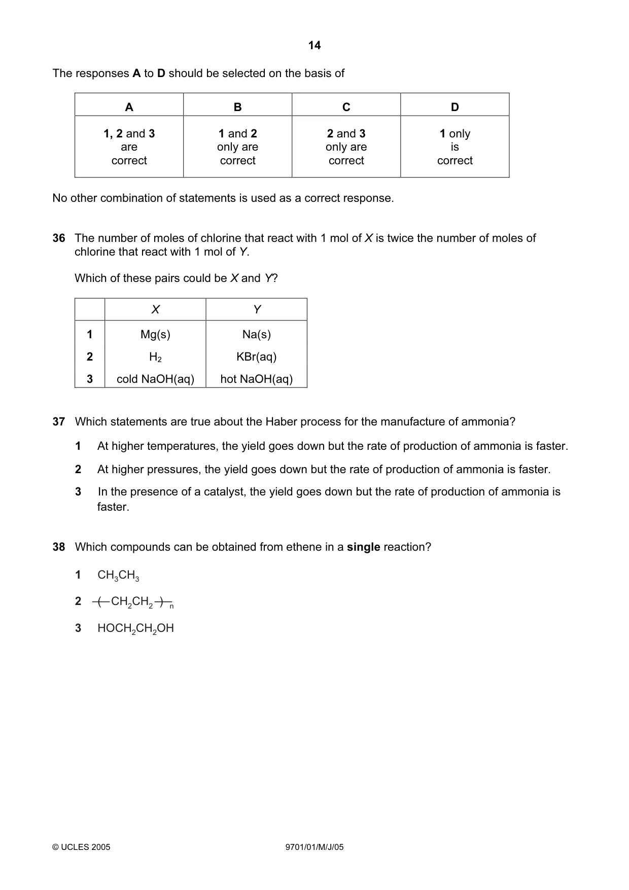 Cambridge A Level Chemistry 9701 2005 May/June Paper 1 · Variant 1 question paper, page 14 of 16