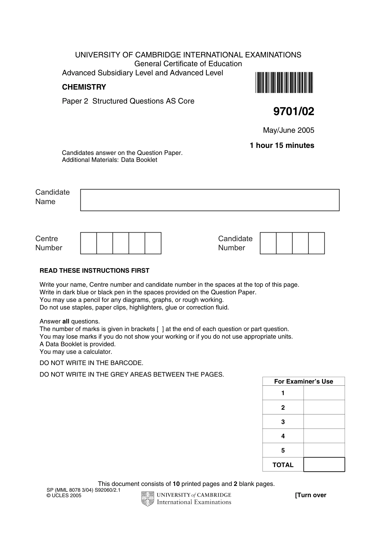 Cambridge A Level Chemistry 9701 2005 May/June Paper 2 · Variant 1 question paper, page 1 of 12